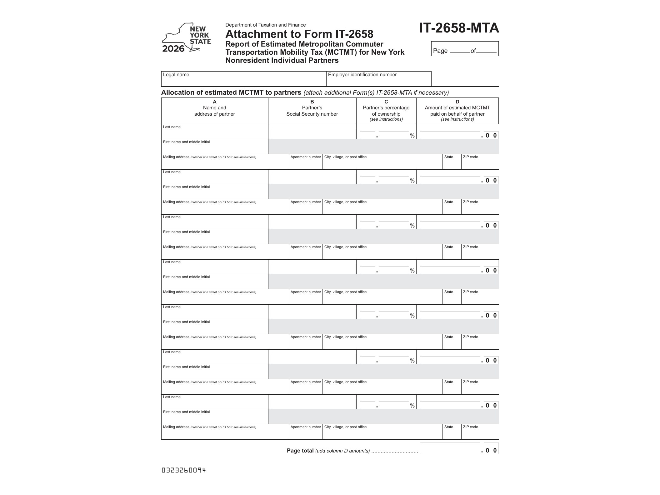 IT2658MTA Form IT-2658-MTA Attachment to Form IT-2658 - Report of Estimated Metropolitain Commuter Transportation Mobility Tax (MCTMT) for New York Nonresident Individual Partners Year 2026 - official form preview, page 1