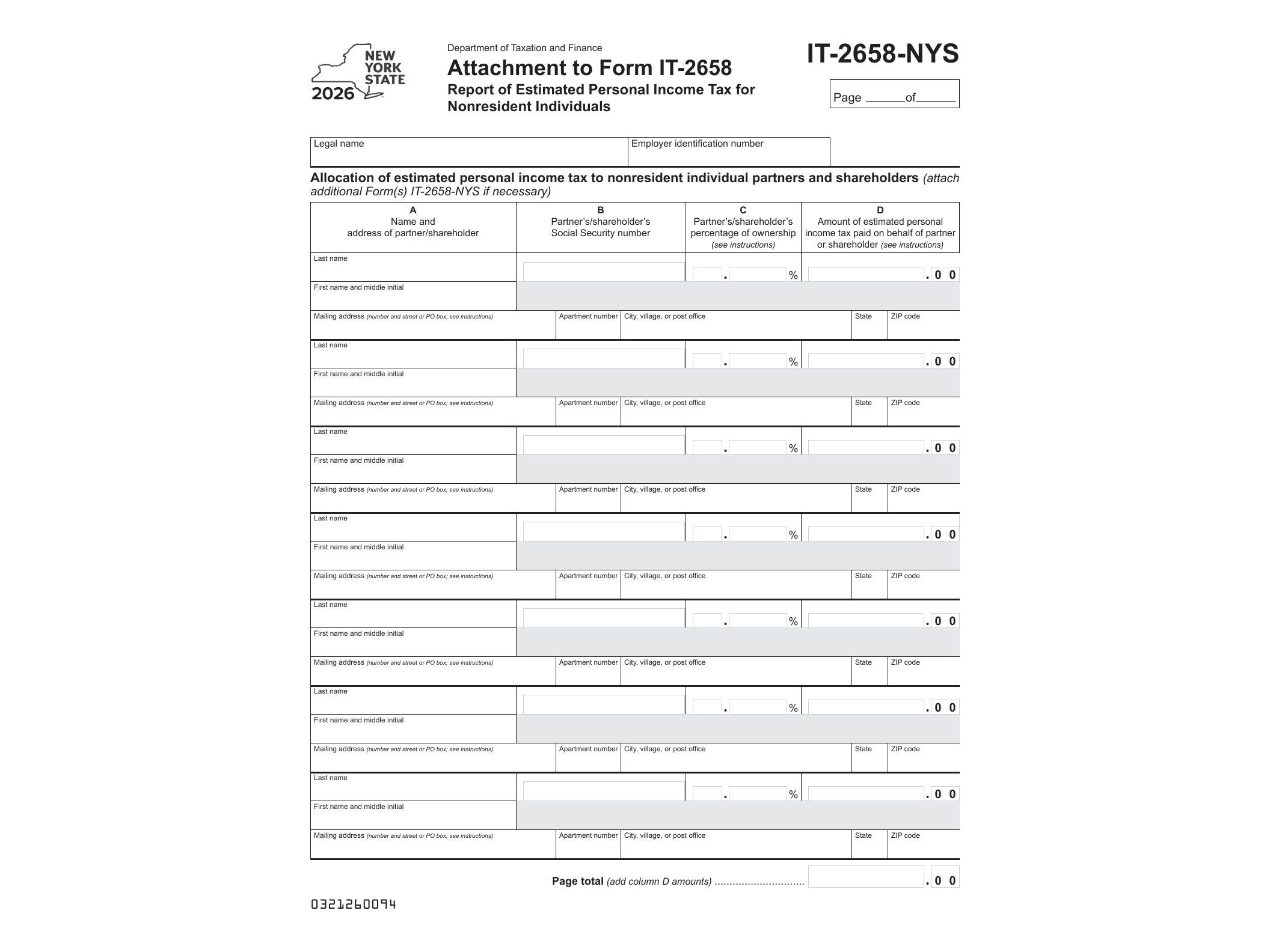 IT2658NYS Form IT-2658-NYS Attachment to Form IT-2658 - Report of Estimated Personal Income Tax for Nonresident Individuals Year 2026 - official form preview, page 1
