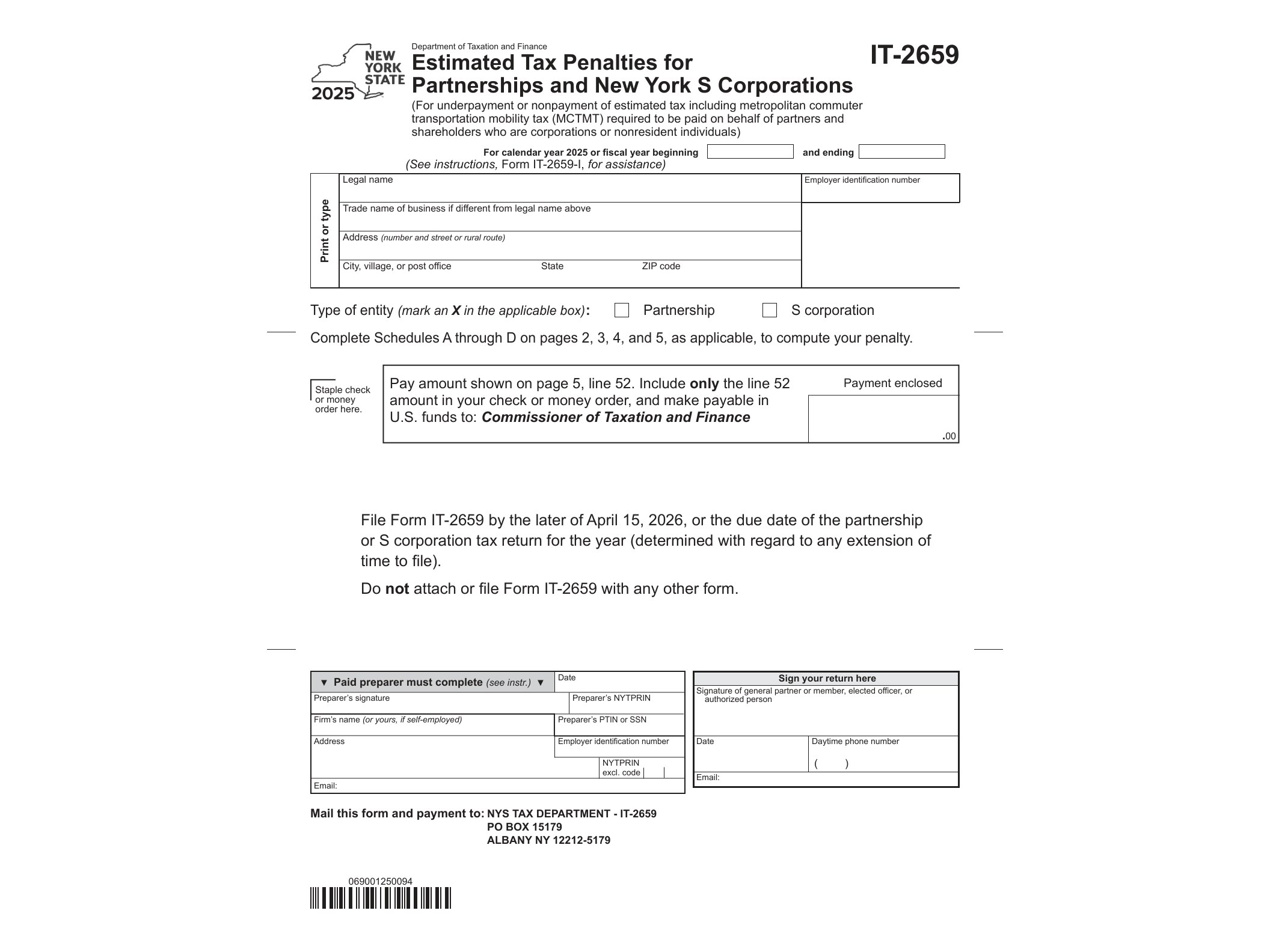 IT2659 Form IT-2659 Estimated Tax Penalties for Partnerships and New York S Corporations Tax Year 2025 - official form preview, page 1