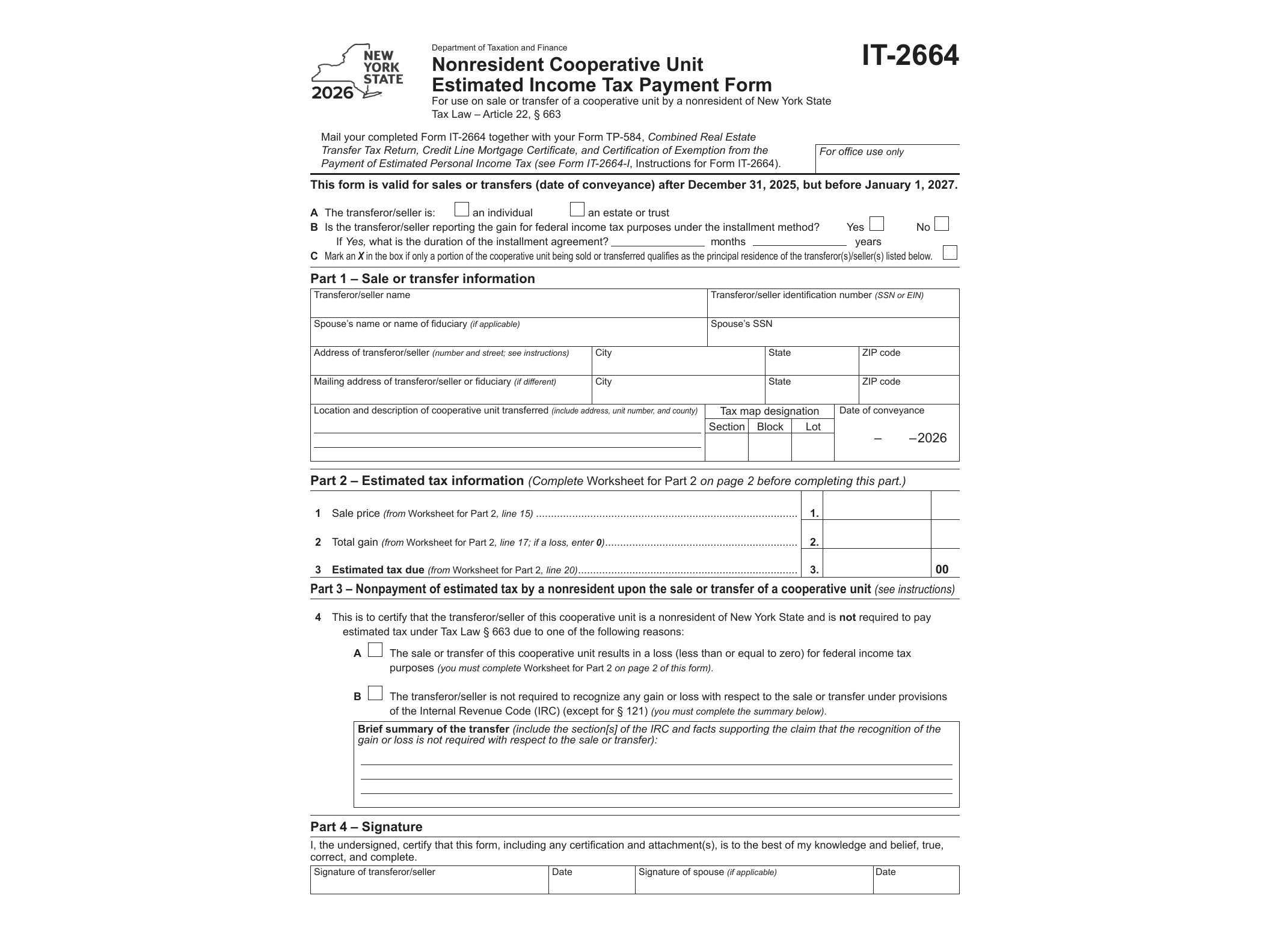 IT2664 Form IT-2664 Nonresident Cooperative Unit Estimated Income Tax Payment Form Tax Year 2026 - official form preview, page 1