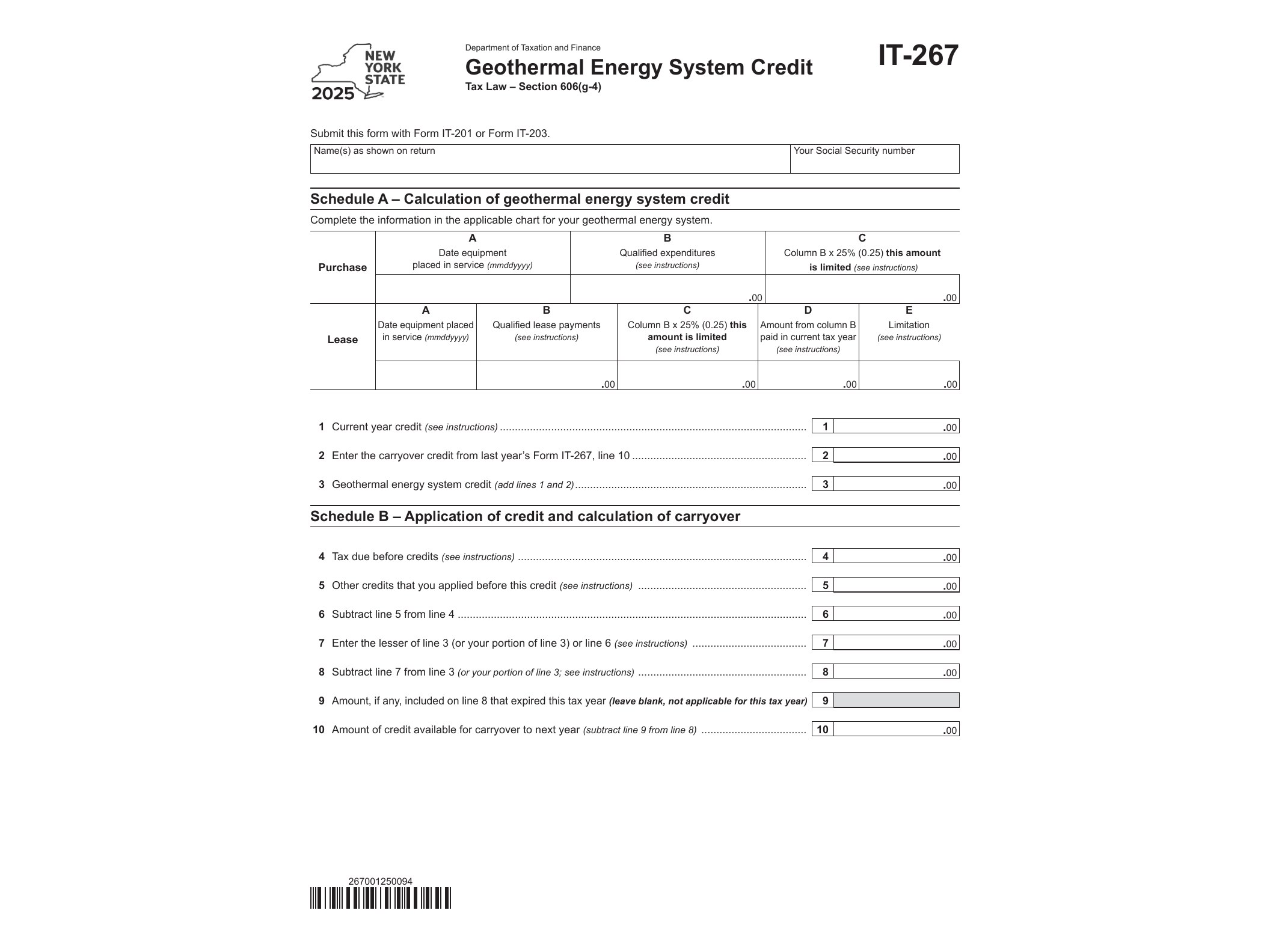 IT267 Form IT-267 Geothermal Energy System Credit Tax Year 2025 - official form preview, page 1