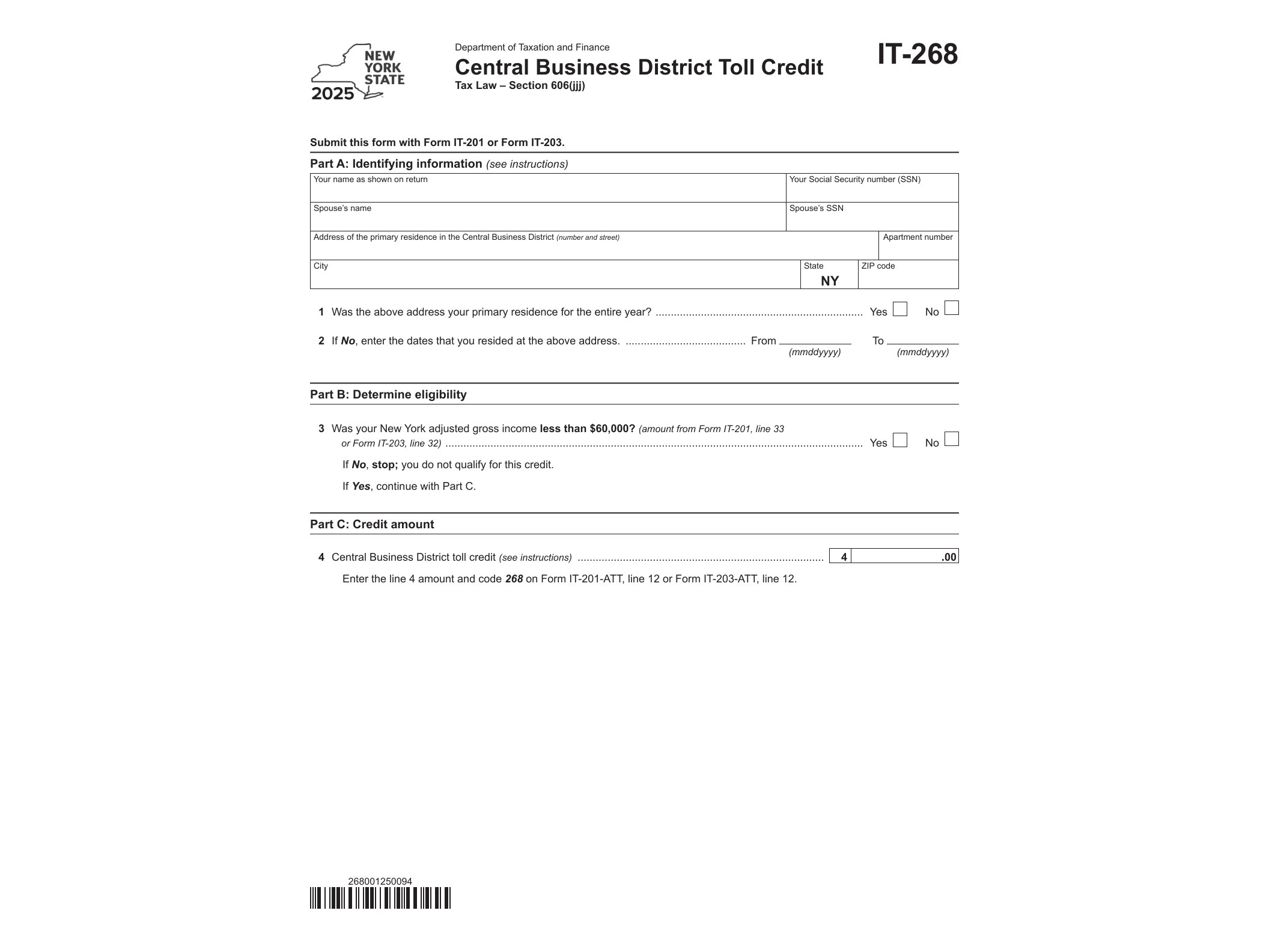 IT268 Form IT-268 Central Business District Toll Credit Tax Year 2025 - official form preview, page 1