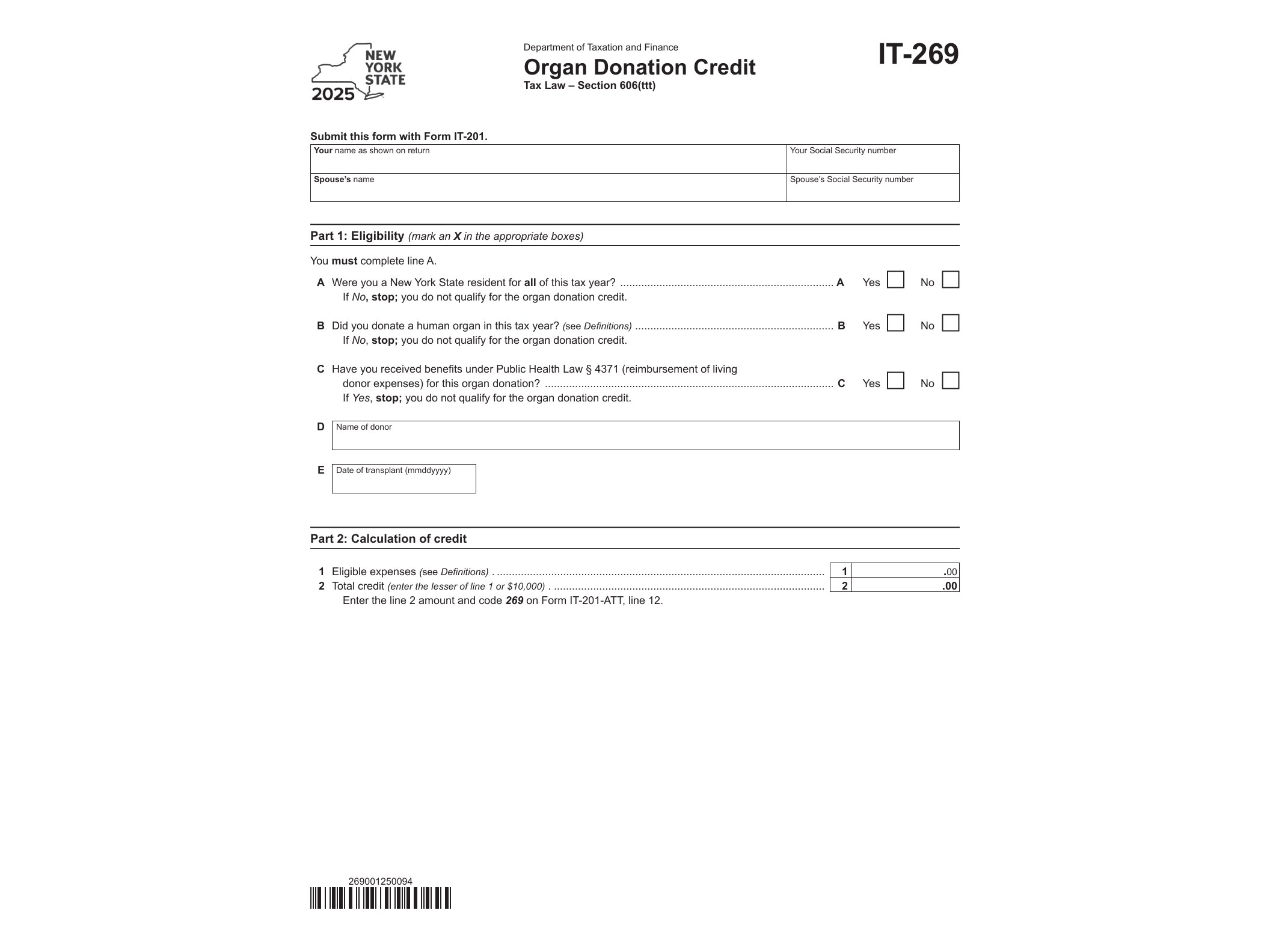 IT269 Form IT-269 Organ Donation Credit Tax Year 2025 - official form preview, page 1