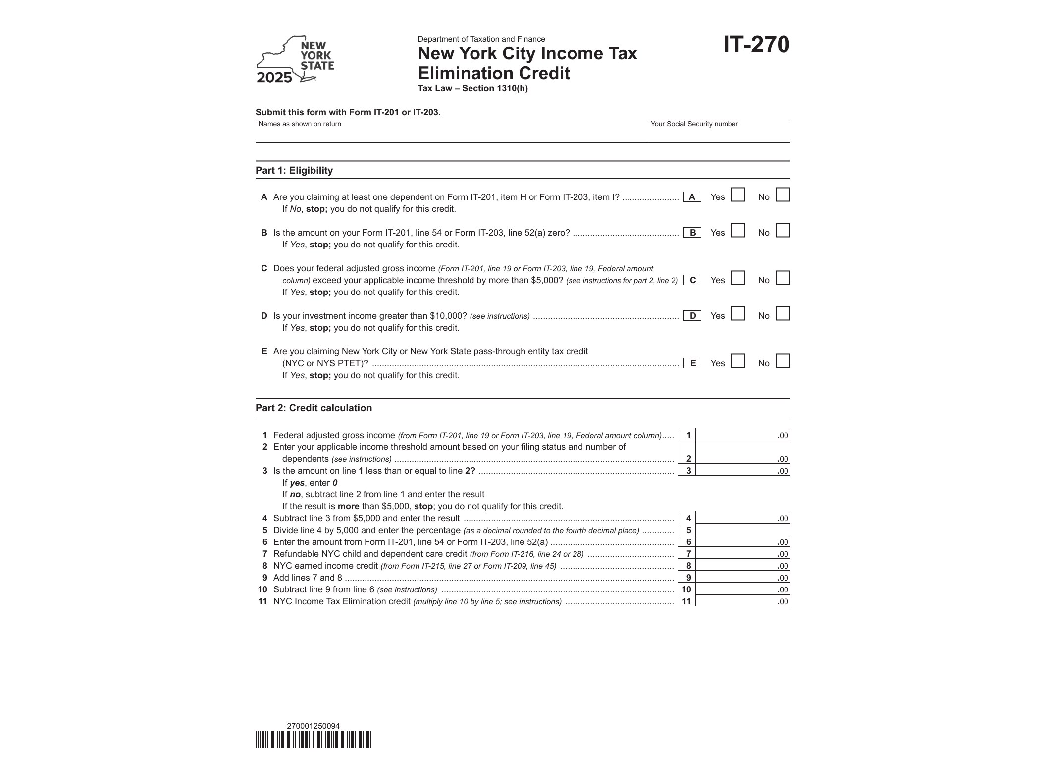 IT270 Form IT-270 New York City Income Tax Elimination Credit Tax Year 2025 - official form preview, page 1