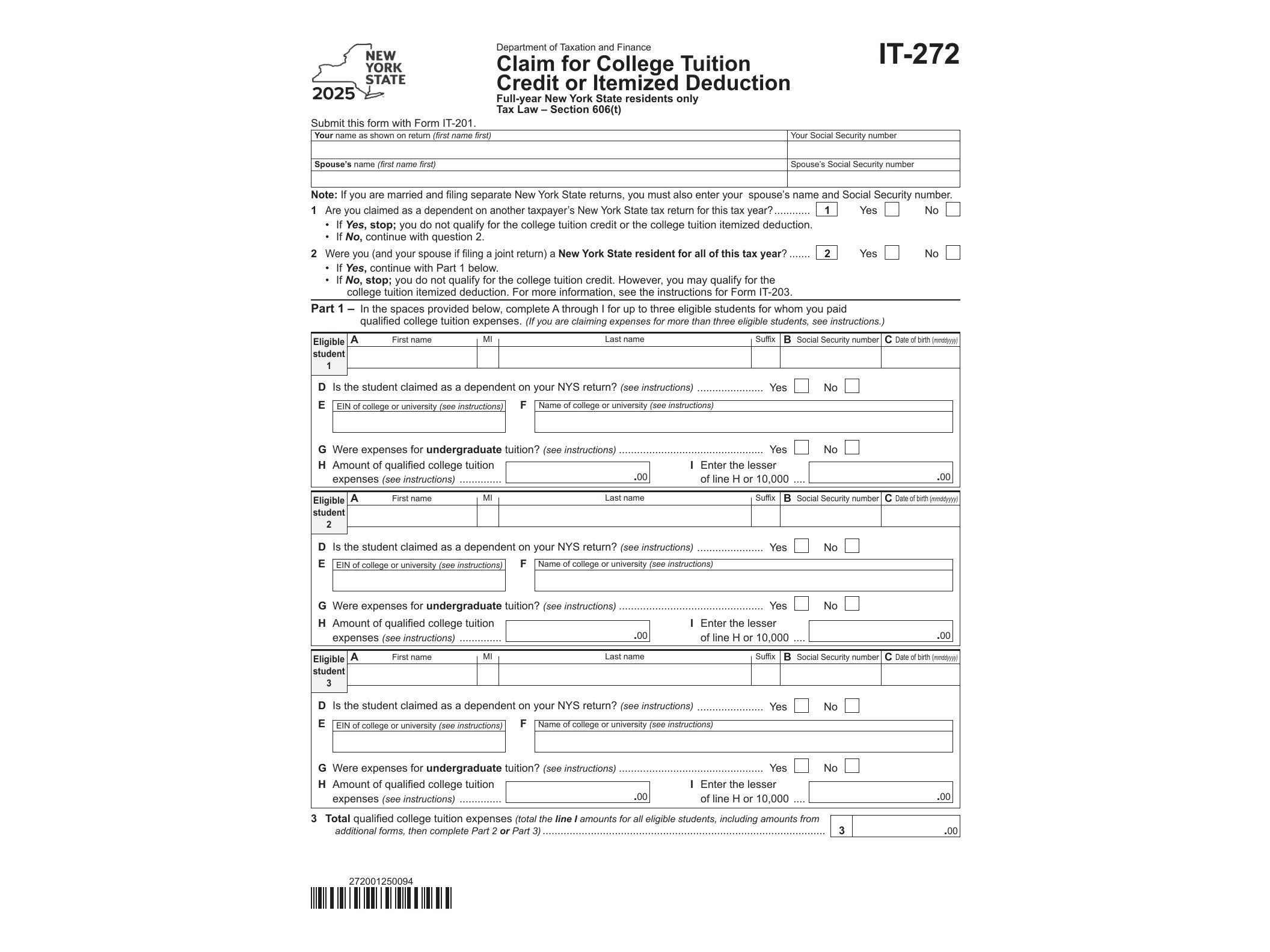 IT272 Form IT-272 Claim for College Tuition Credit or Itemized Deduction Tax Year 2025 - official form preview, page 1