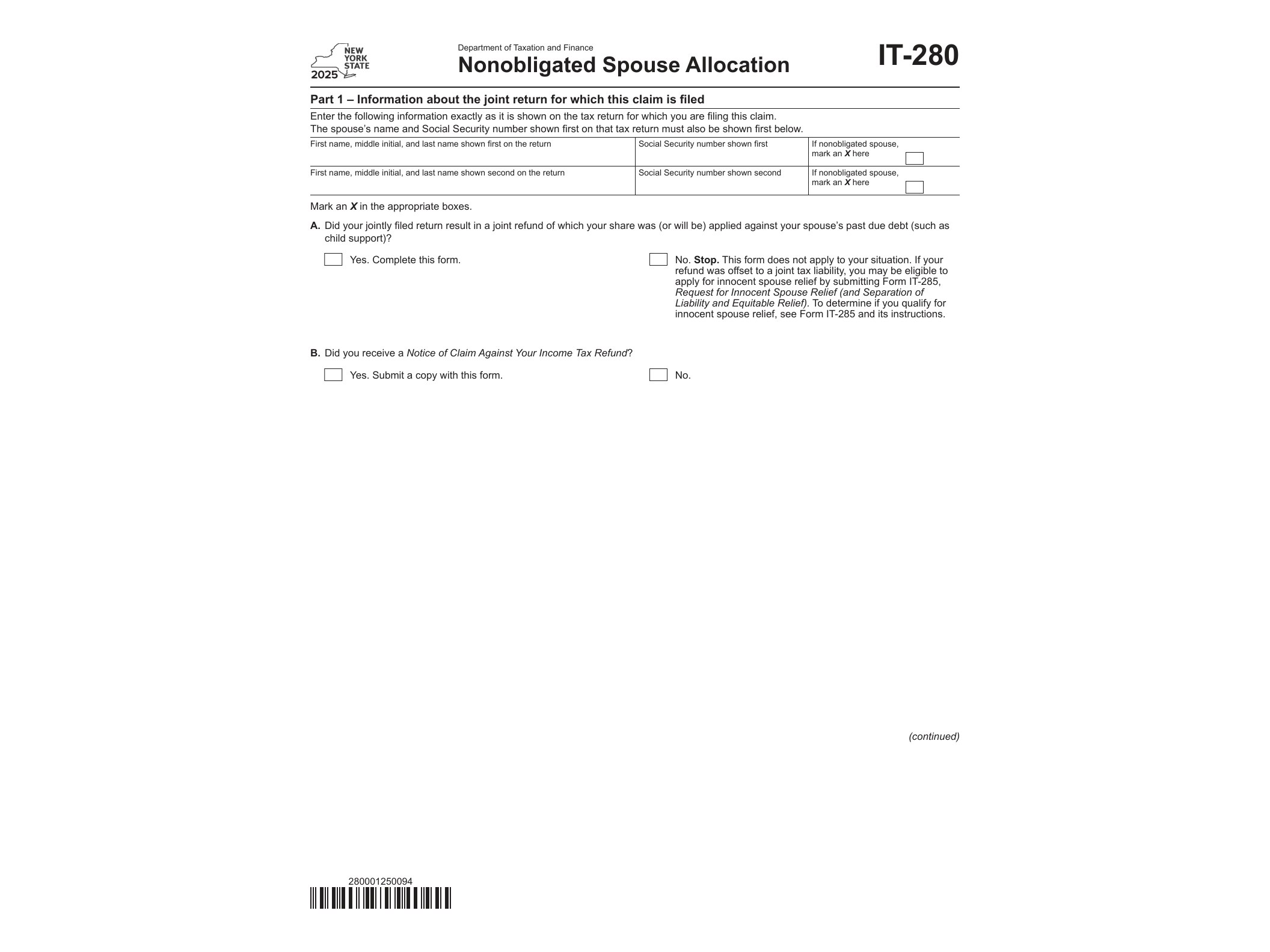 IT280 Form IT-280 Nonobligated Spouse Allocation Tax Year 2025 - official form preview, page 1