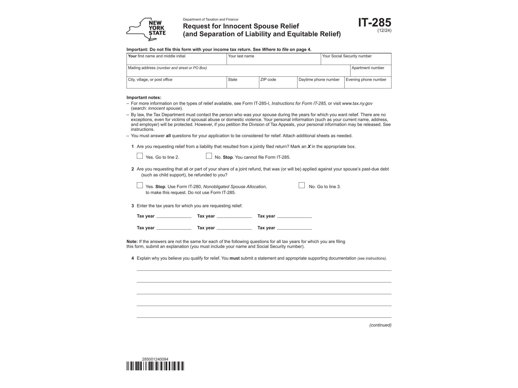 IT285 Form IT-285 Request for Innocent Spouse Relief (and Separation of Liability of Equitable Relief) Revised 12/24 - official form preview, page 1