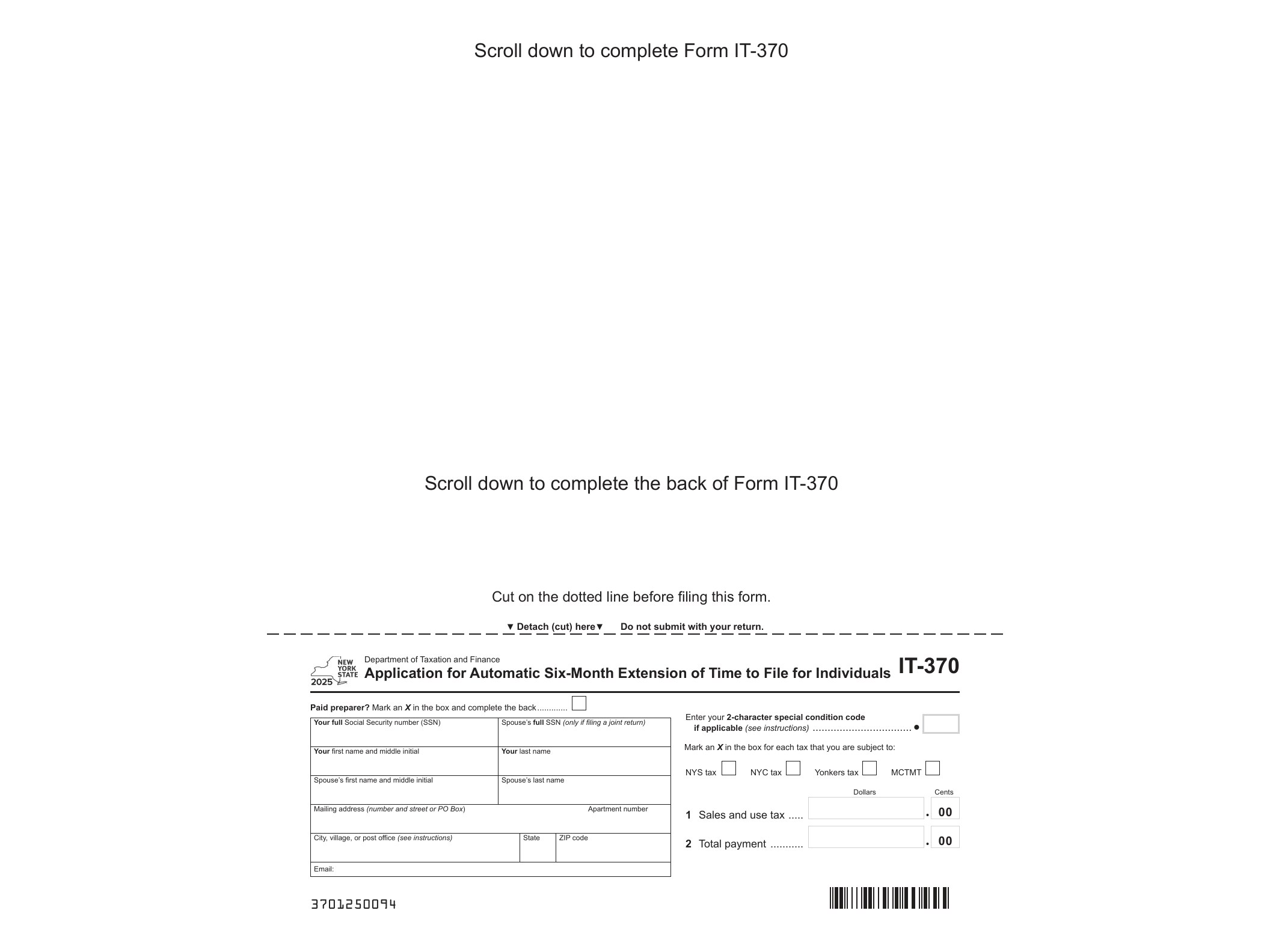 IT370 Form IT-370 Application for Automatic Six-Month Extension of Time to File for Individuals Tax Year 2025 - official form preview, page 1