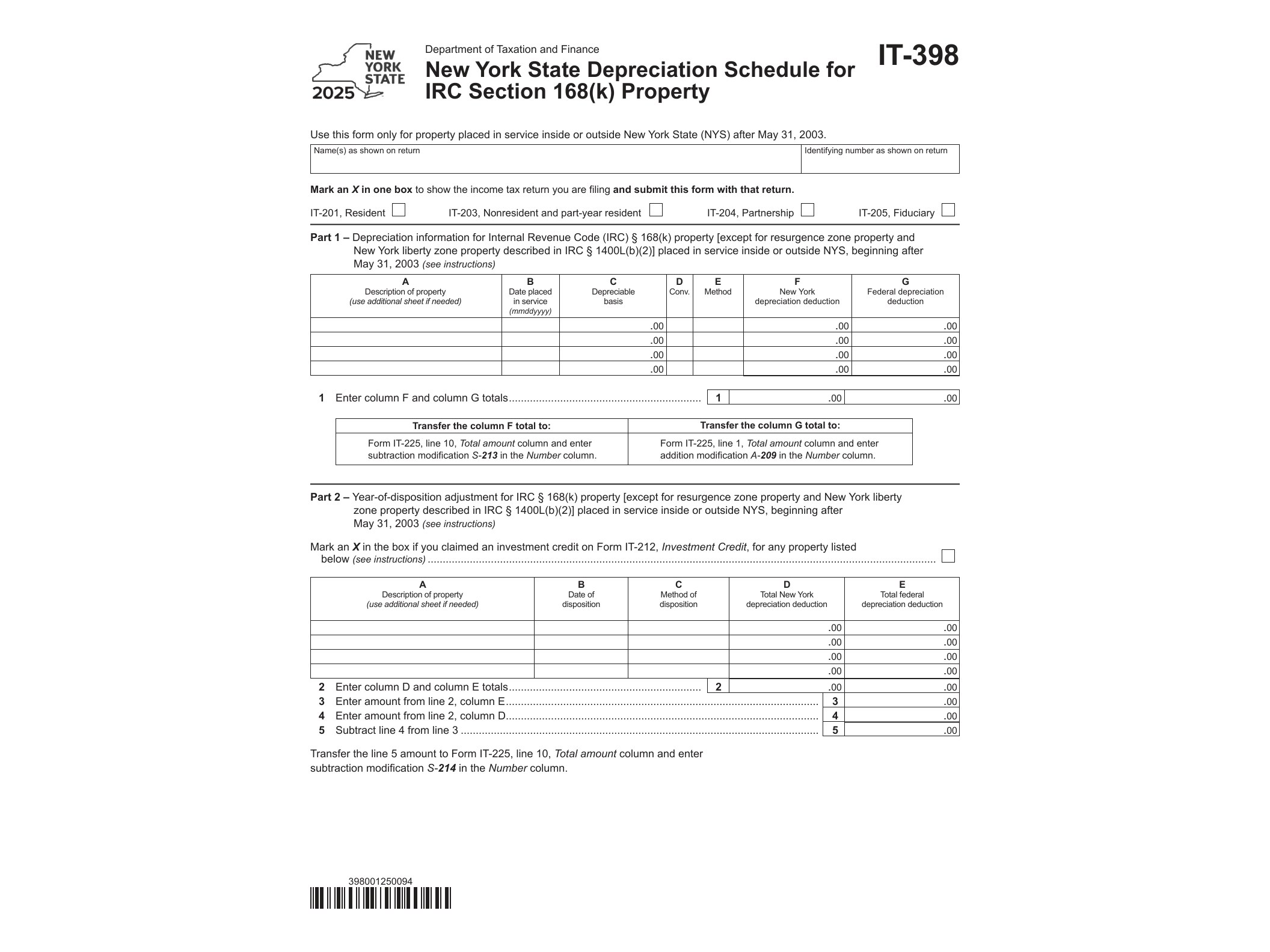IT398 Form IT-398 New York State Depreciation Schedule for IRC Section 168(k) Property Tax Year 2025 - official form preview, page 1
