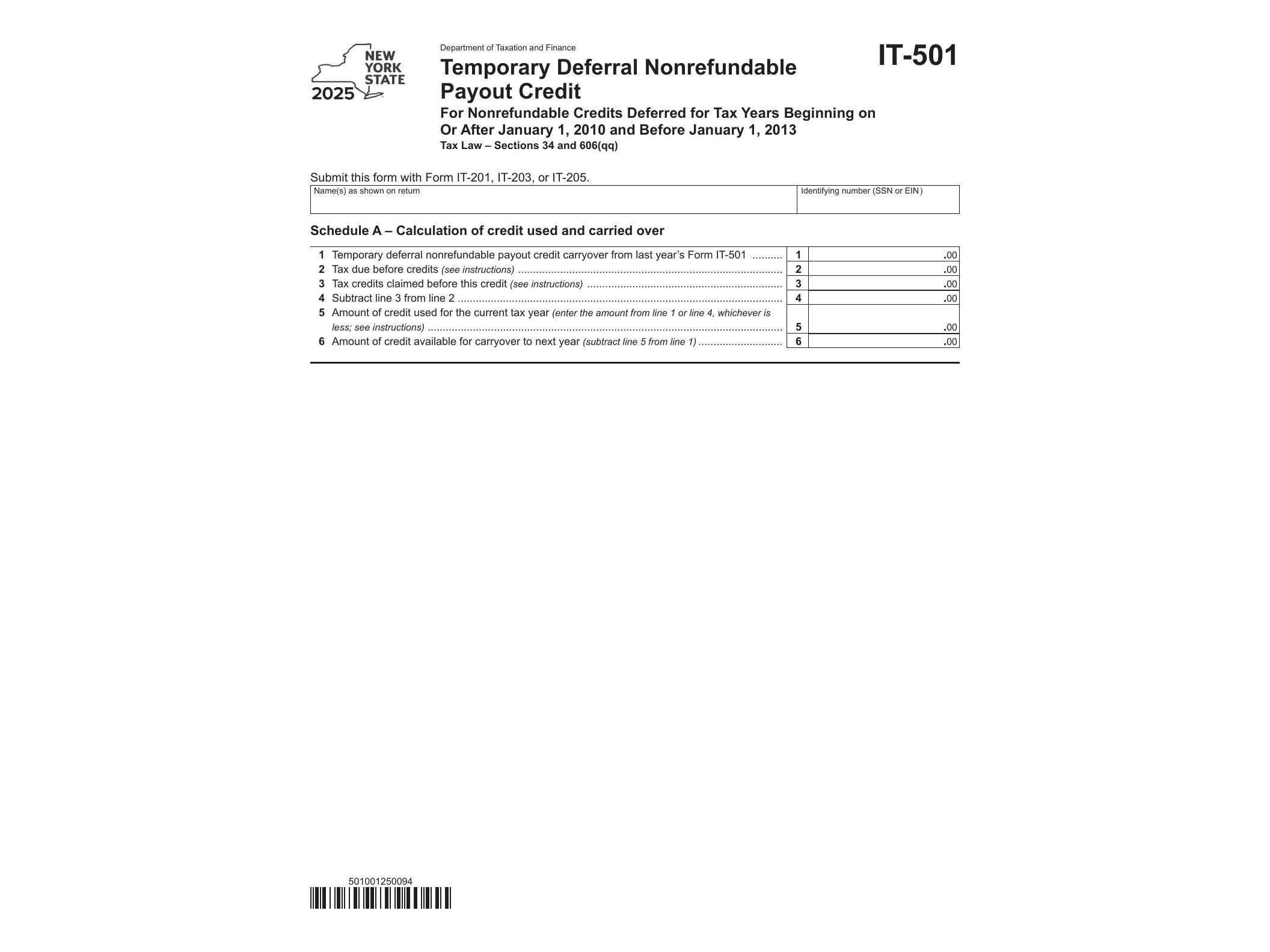 IT501 Form IT-501 Temporary Deferral Nonrefundable Payout Credit Tax Year 2025 - official form preview, page 1