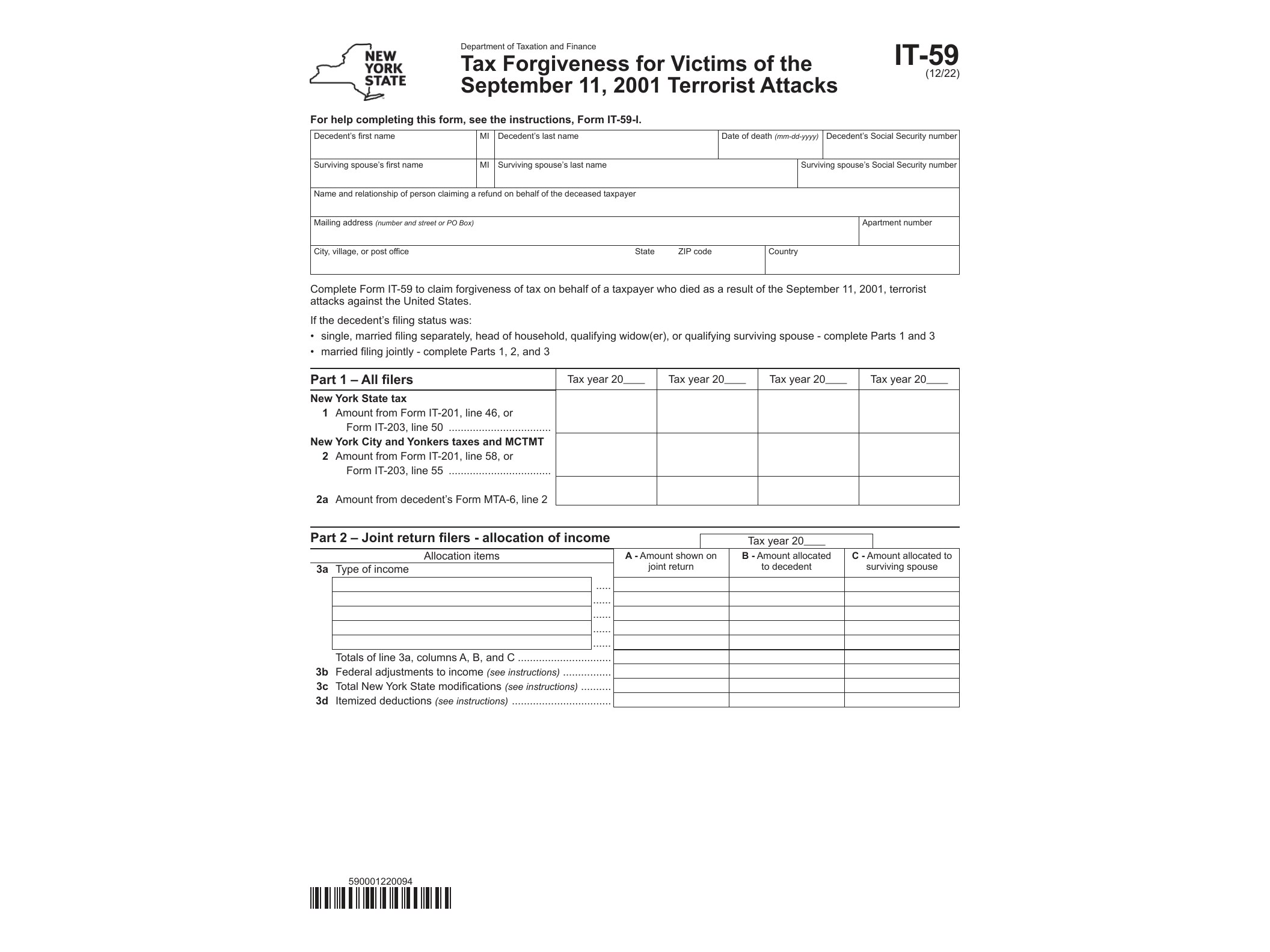 IT59 Form IT-59 Tax Forgiveness for Victims of the September 11, 2001, Terrorist Attacks Revised 12/22 - official form preview, page 1