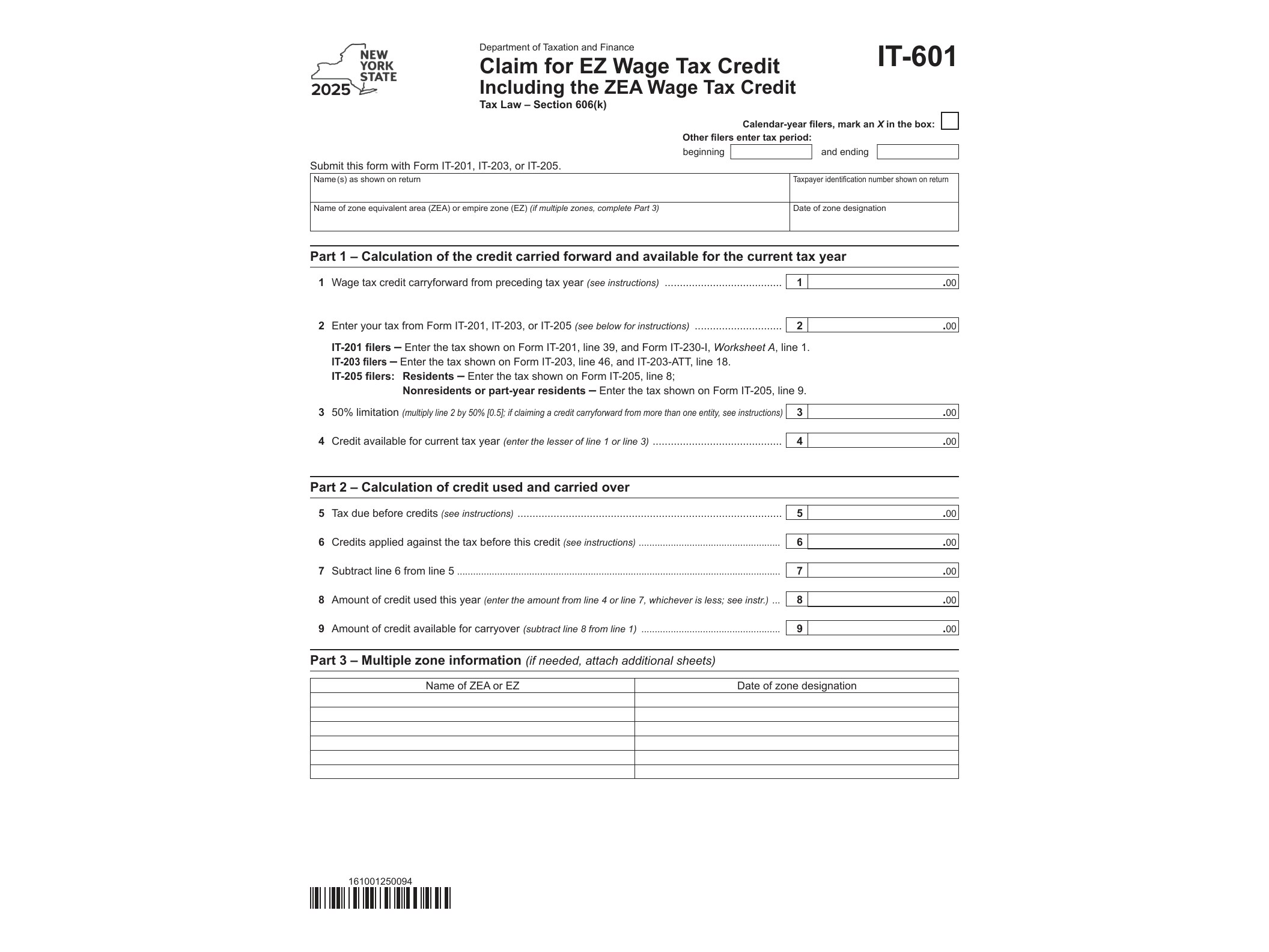 IT601 Form IT-601 Claim for EZ Wage Tax Credit Including the ZEA Wage Tax CreditTax Year 2025 - official form preview, page 1
