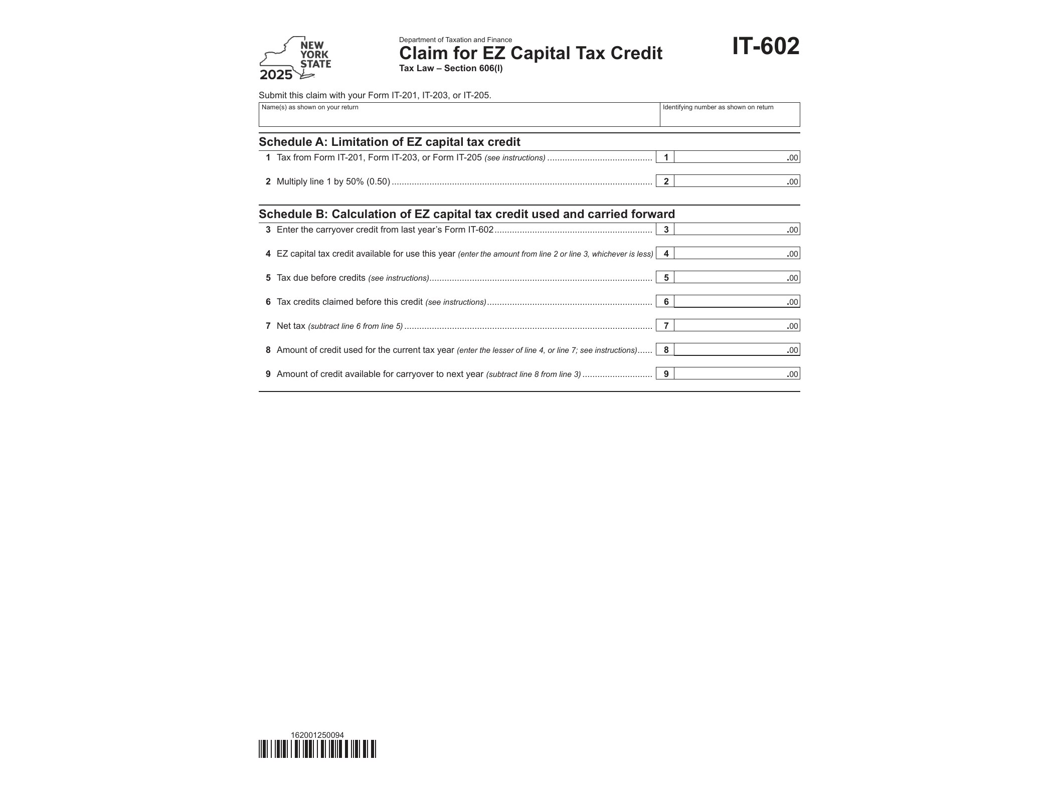 IT602 Form IT-602 Claim for EZ Capital Tax Credit Tax Year 2025 - official form preview, page 1
