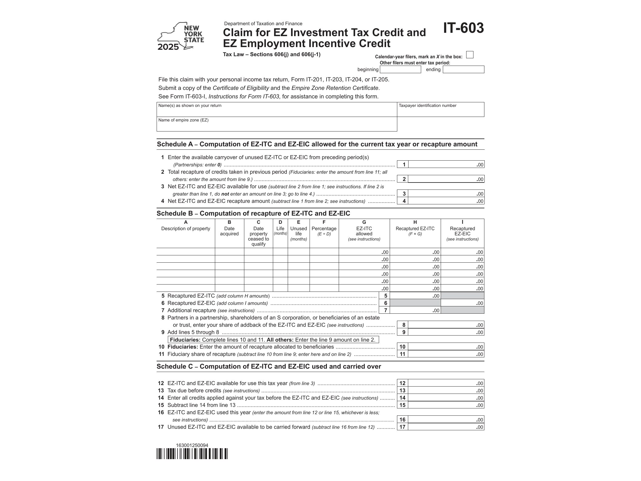 IT603 Form IT-603 Claim for EZ Investment Tax Credit and EZ Employment Incentive Credit Tax Year 2025 - official form preview, page 1