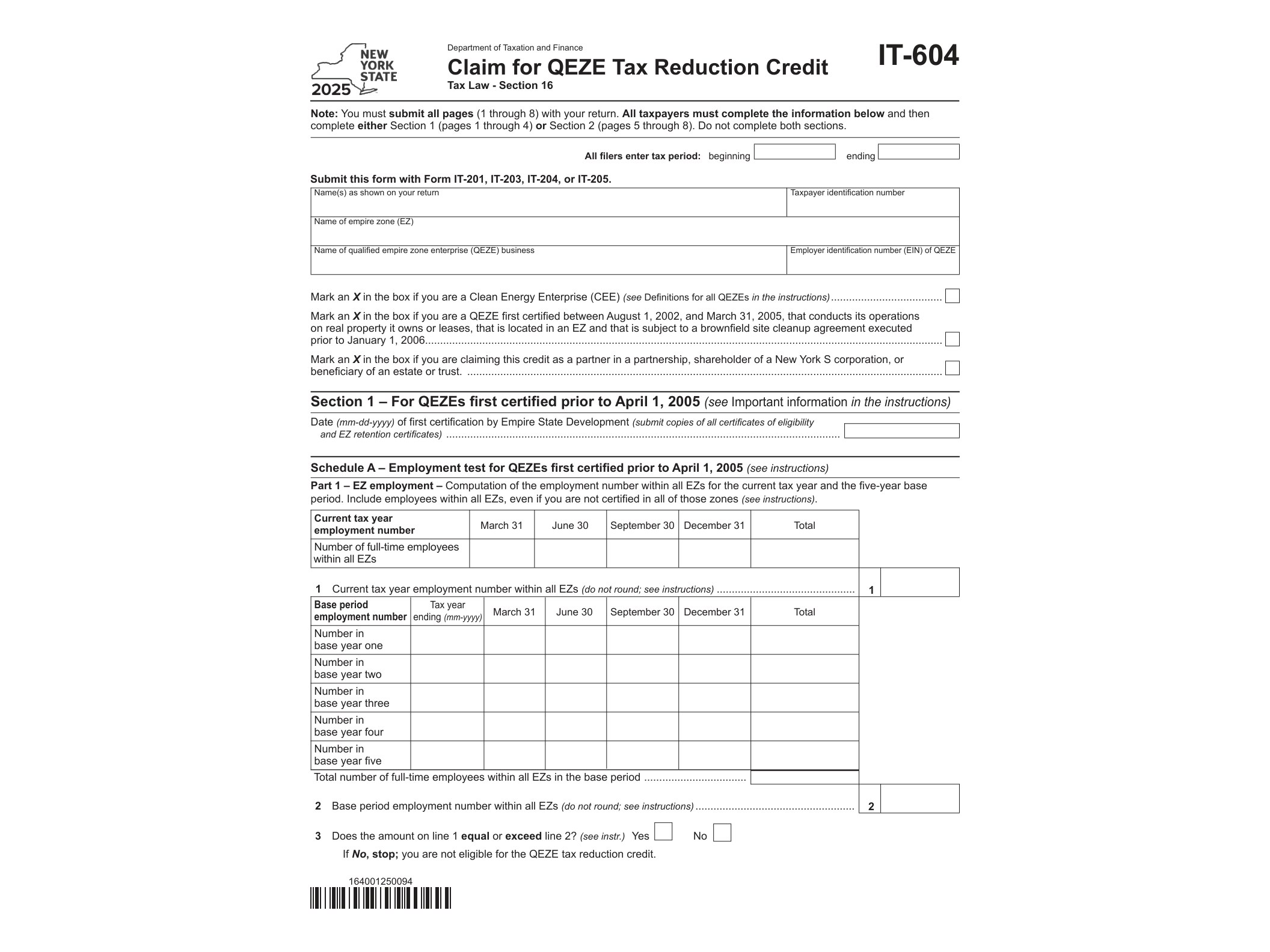 IT604 Form IT-604 Claim for QEZE Tax Reduction Credit Tax Year 2025 - official form preview, page 1