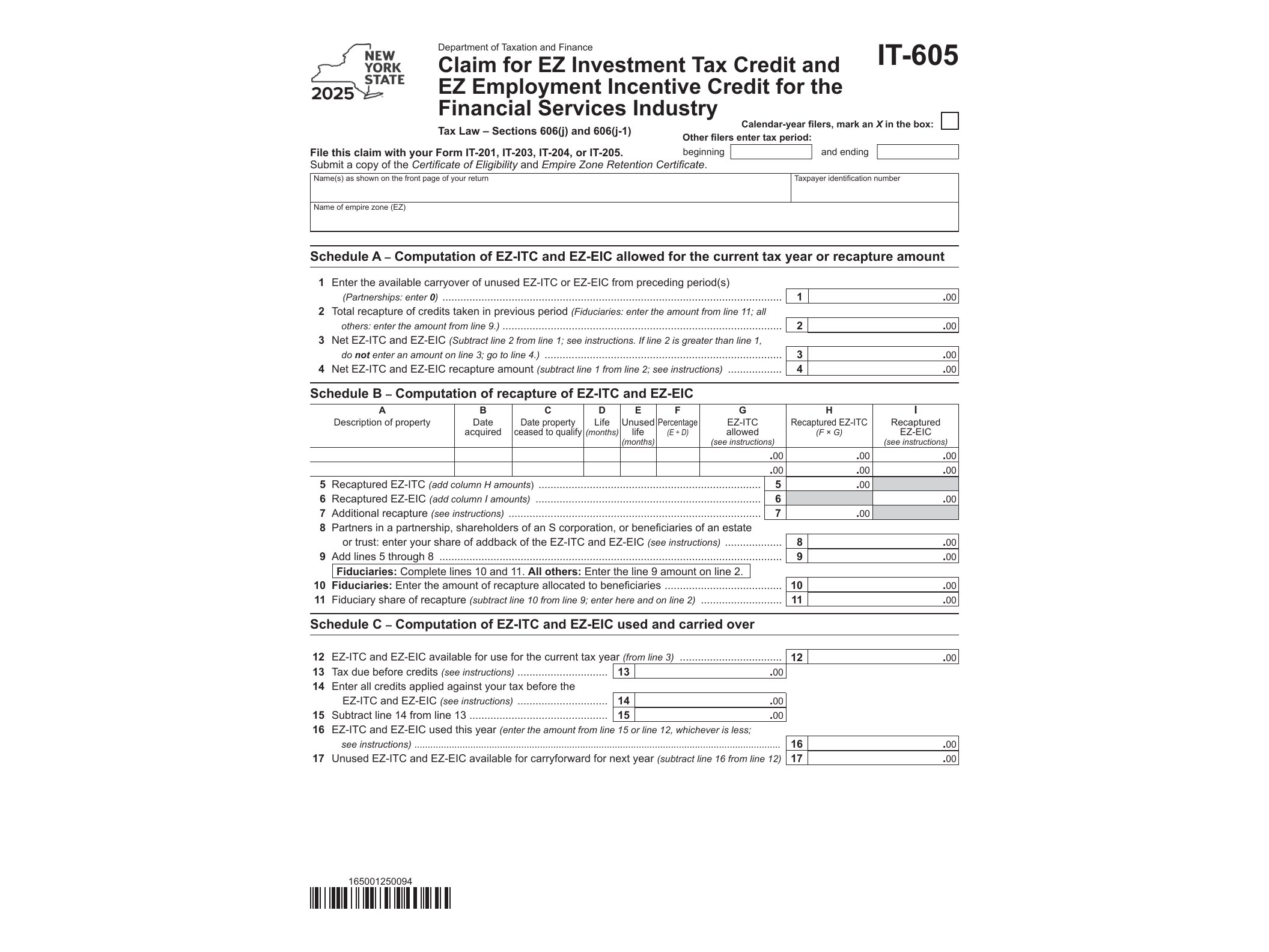 IT605 Form IT-605 Claim for EZ Investment Tax Credit and EZ Employment Incentive Credit for the Financial Services Industry Tax Year 2025 - official form preview, page 1