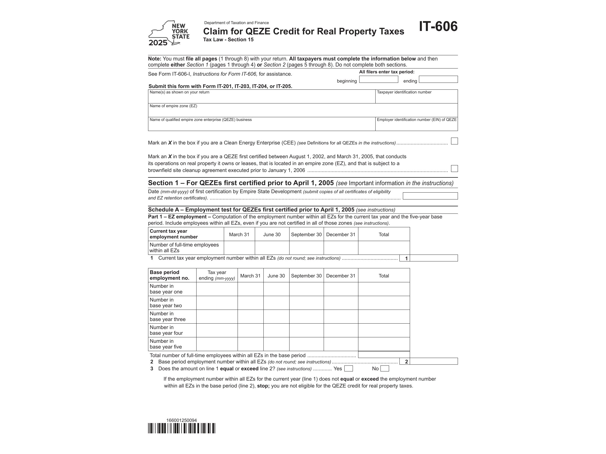 IT606 Form IT-606 Claim for QEZE Credit for Real Property Taxes Tax Year 2025 - official form preview, page 1