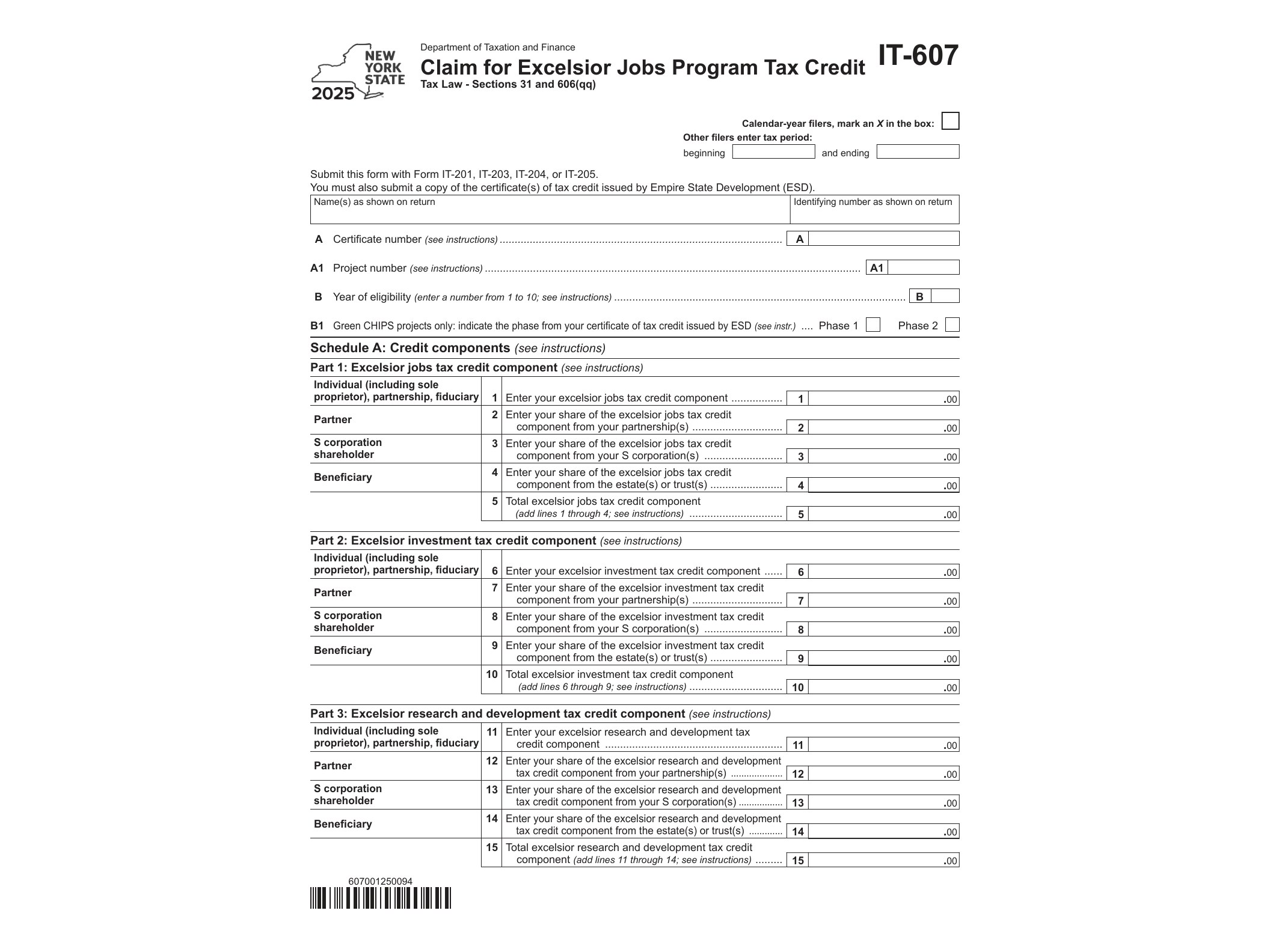 IT607 Form IT-607 Claim for Excelsior Jobs Program Tax Credit Tax Year 2025 - official form preview, page 1