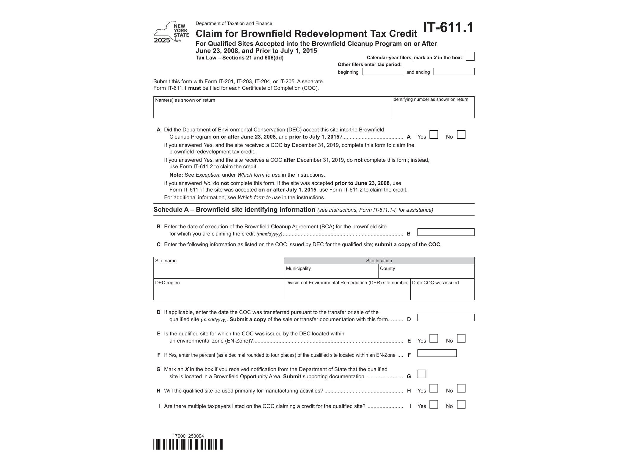 IT611 Form IT-611.1 Claim for Brownfield Redevelopment Tax Credit Tax Year 2025 - official form preview, page 1