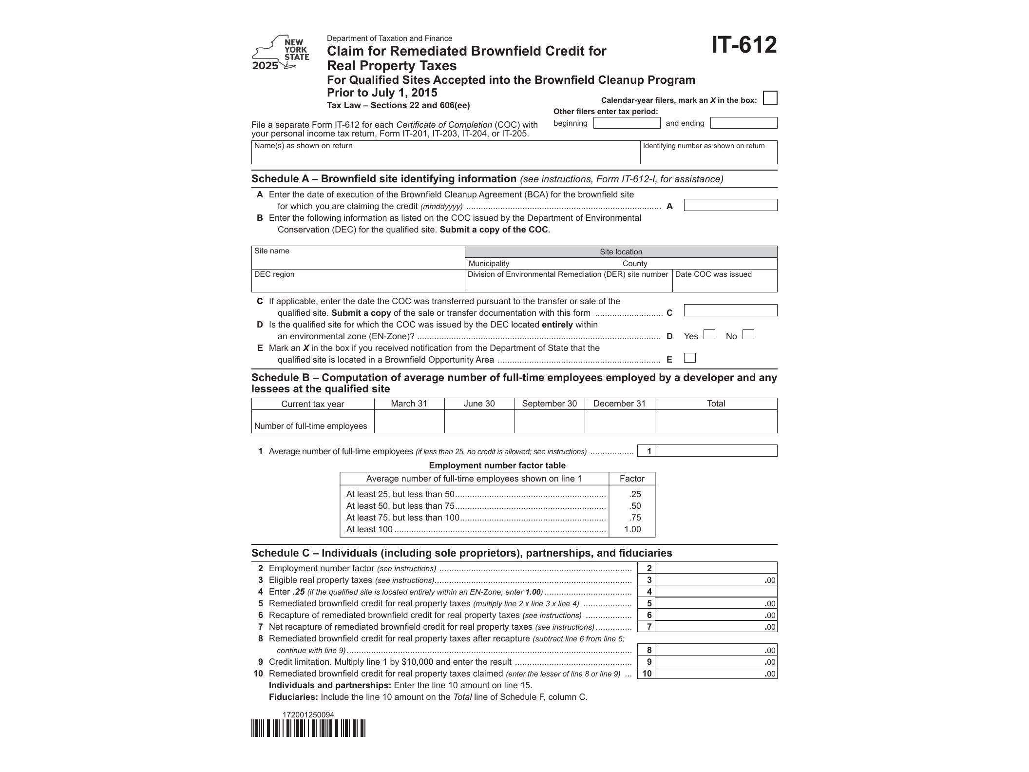 IT612 Form IT-612 Claim for Remediated Brownfield Credit for Real Property Taxes Tax Year 2025 - official form preview, page 1