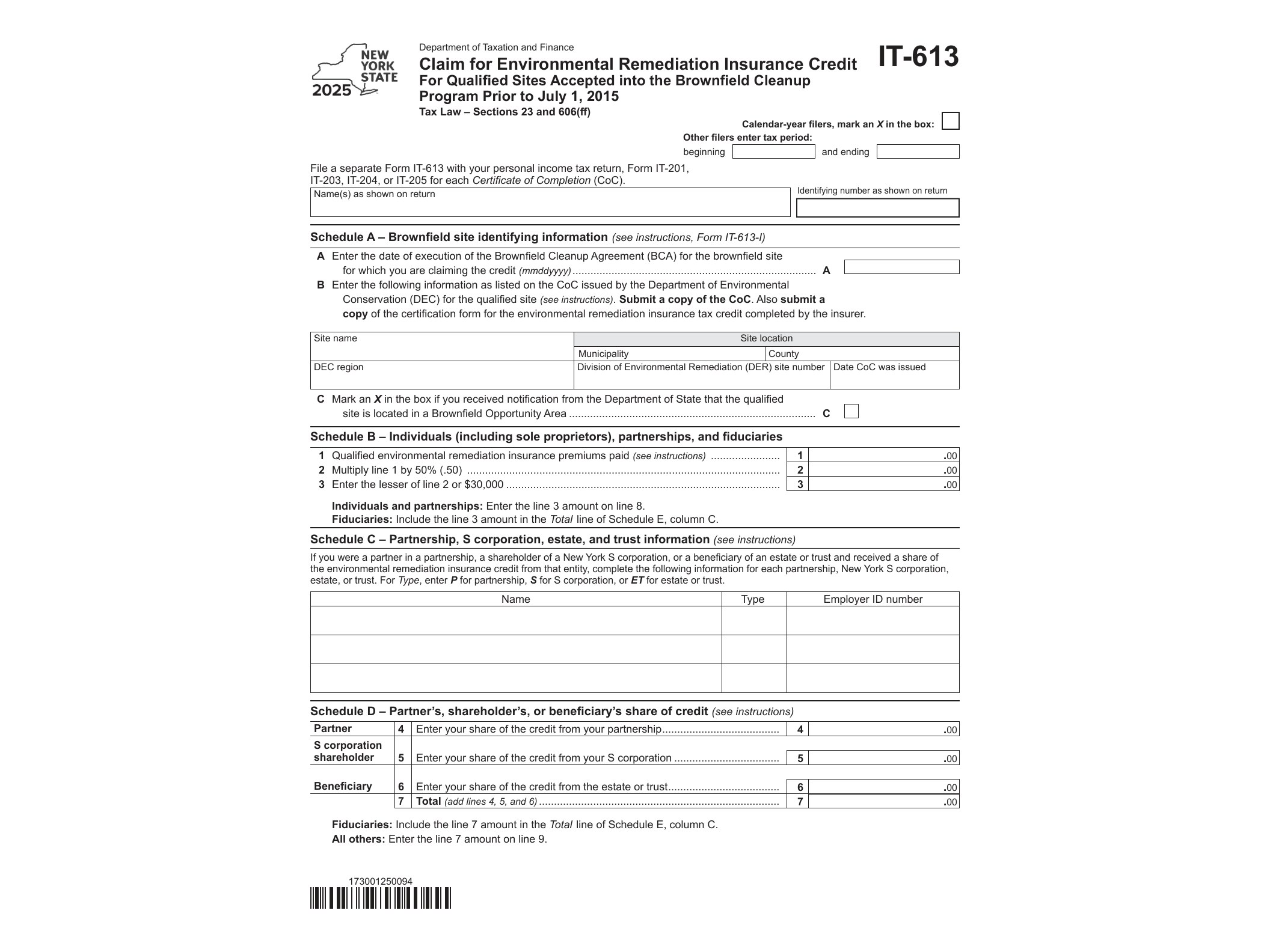 IT613 Form IT-613 Claim for Environmental Remediation Insurance Credit Tax Year 2025 - official form preview, page 1