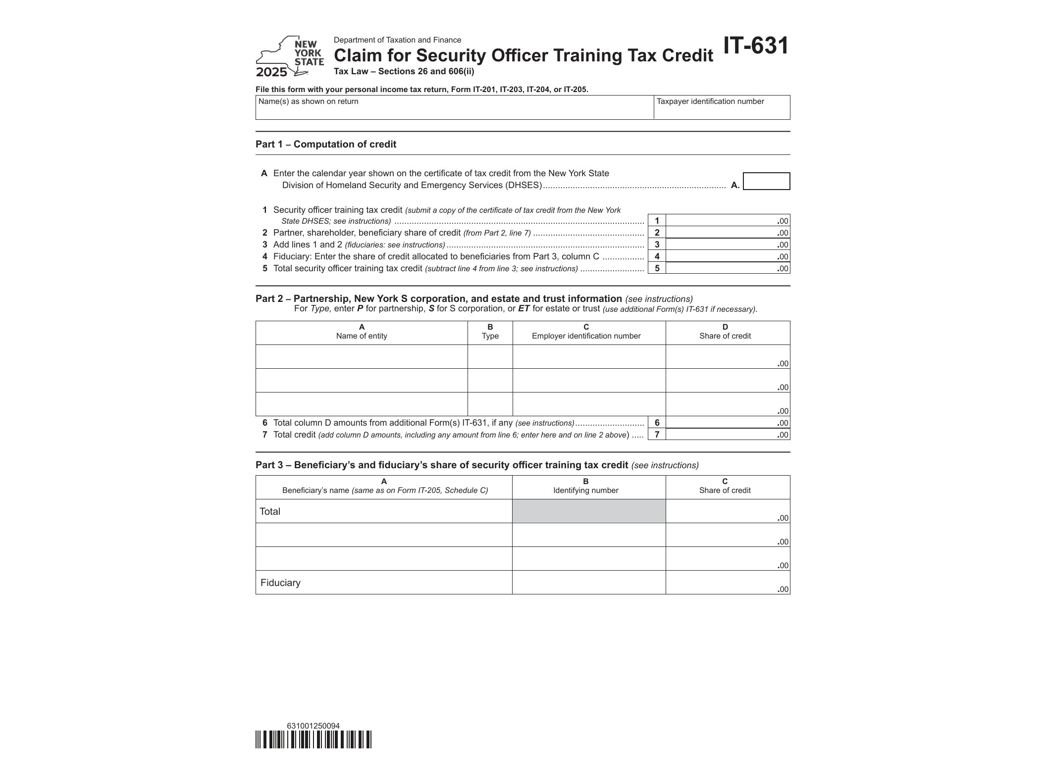 IT631 Form IT-631 Claim for Security Officer Training Tax Credit Tax Year 2025 - official form preview, page 1