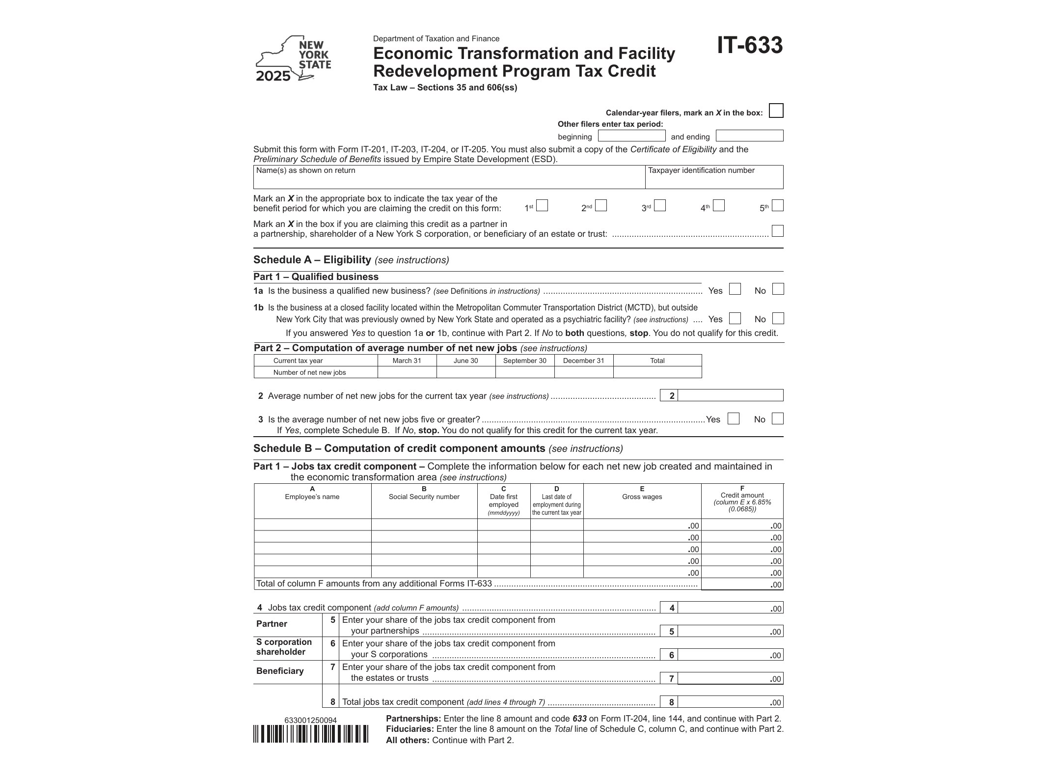 IT633 Form IT-633 Economic Transformation and Facility Redevelopment Program Tax Credit Tax Year 2025 - official form preview, page 1