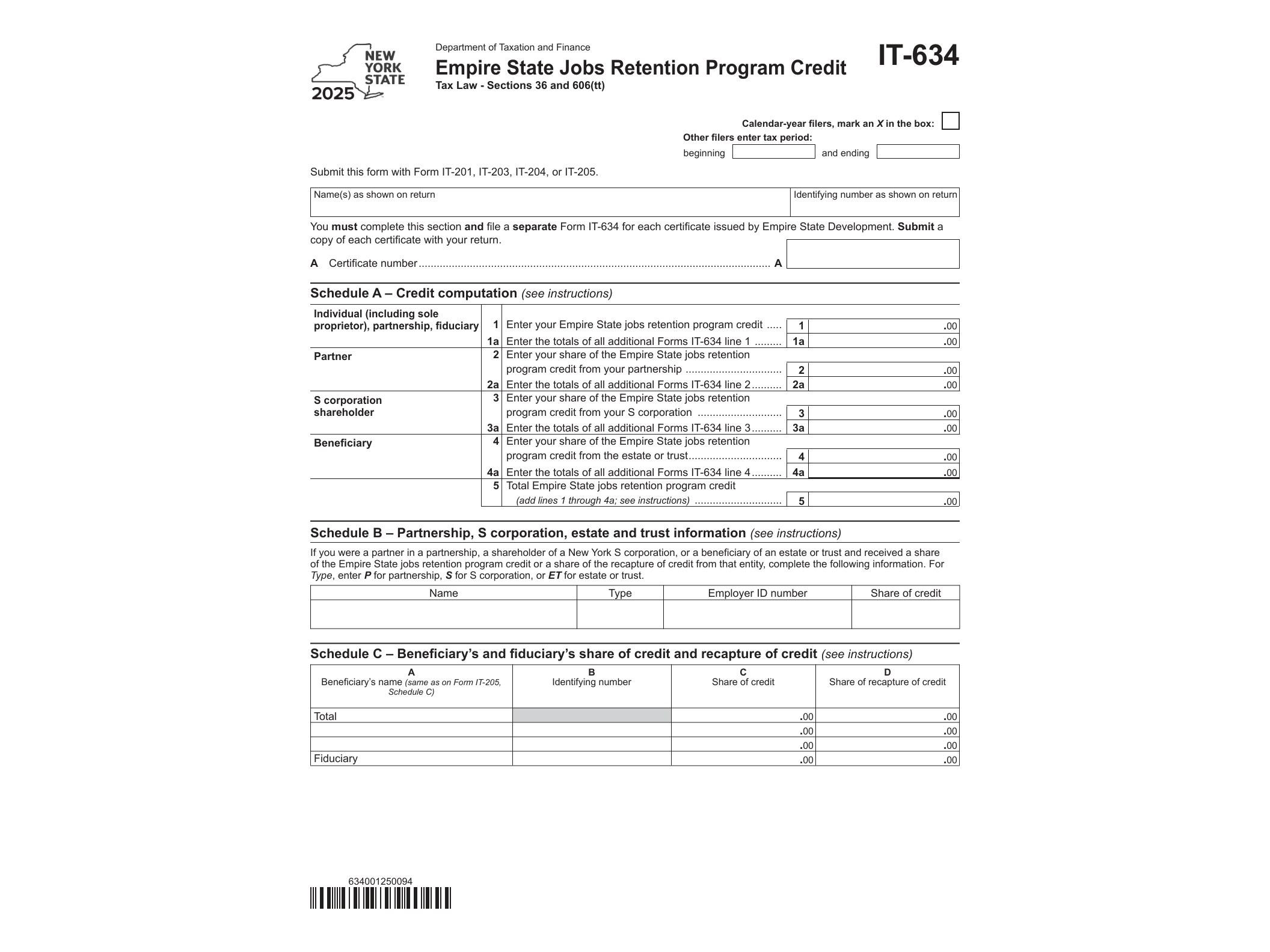 IT634 Form IT-634 Empire State Jobs Retention Program Credit Tax Year 2025 - official form preview, page 1