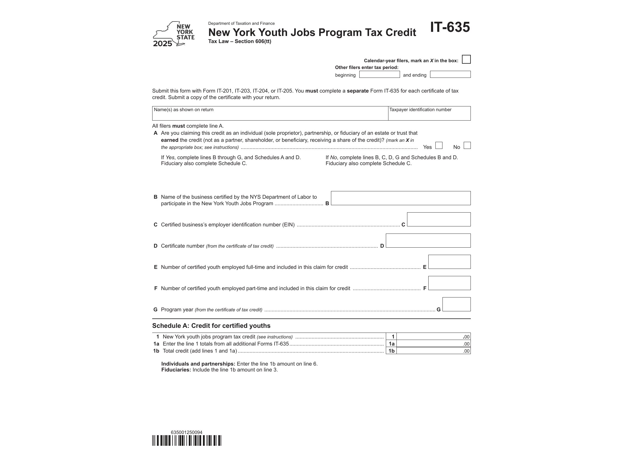 IT635 Form IT-635 New York Youth Jobs Program Tax Credit Tax Year 2025 - official form preview, page 1