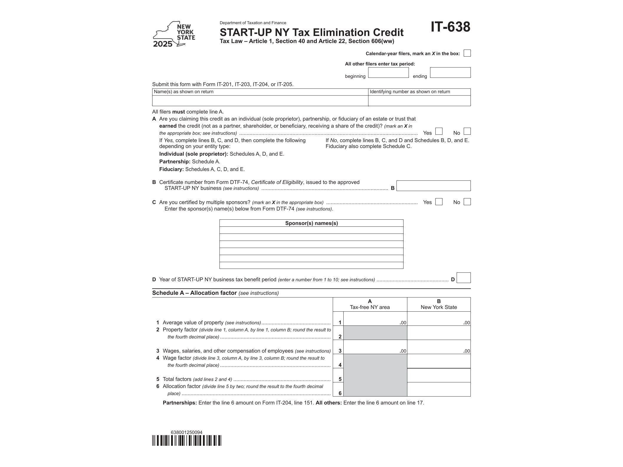IT638 Form IT-638 START-UP NY Tax Elimination Credit Tax Year 2025 - official form preview, page 1