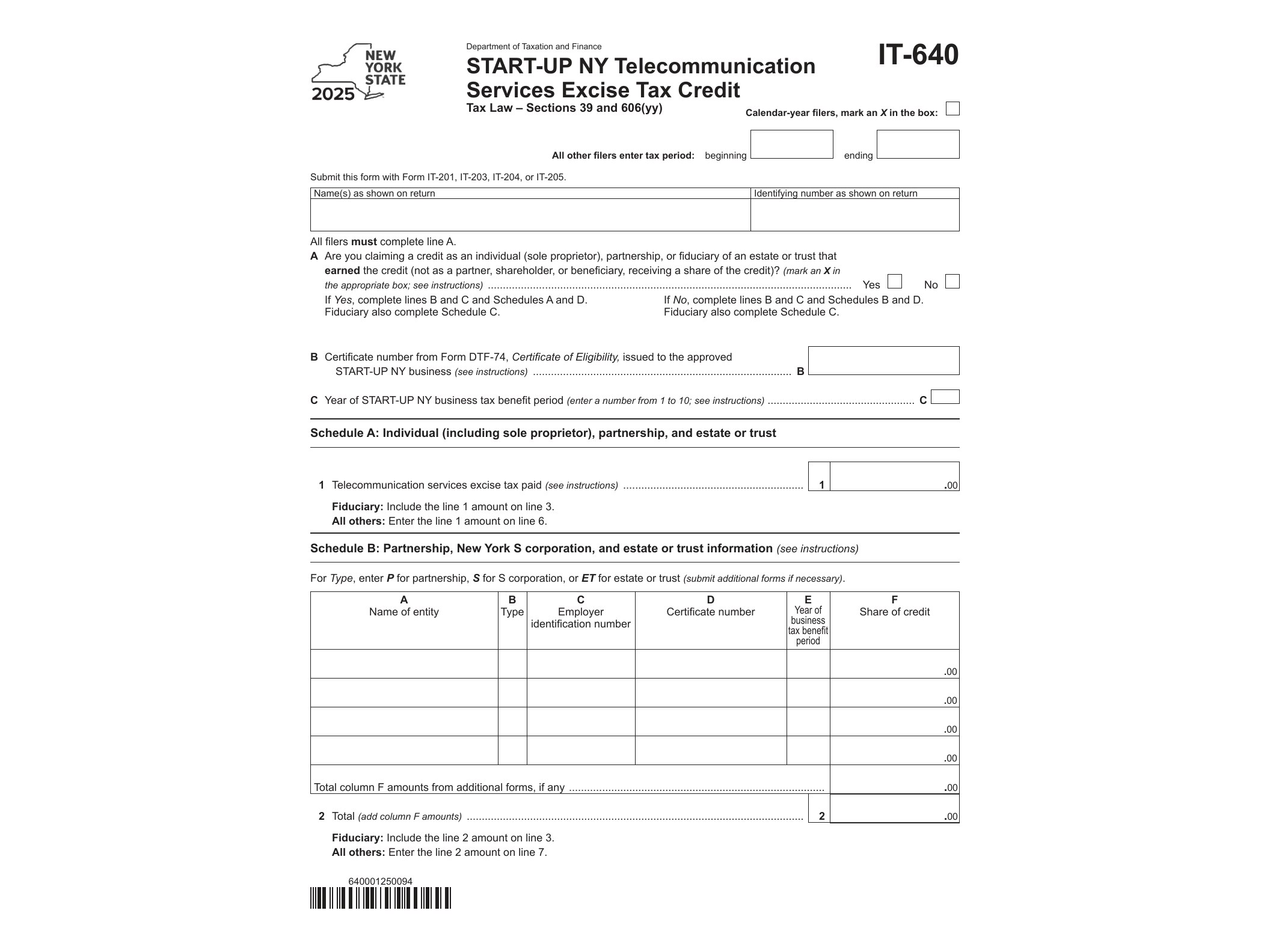 IT640 Form IT-640 START-UP NY Telecommunication Services Excise Tax Credit Tax Year 2025 - official form preview, page 1