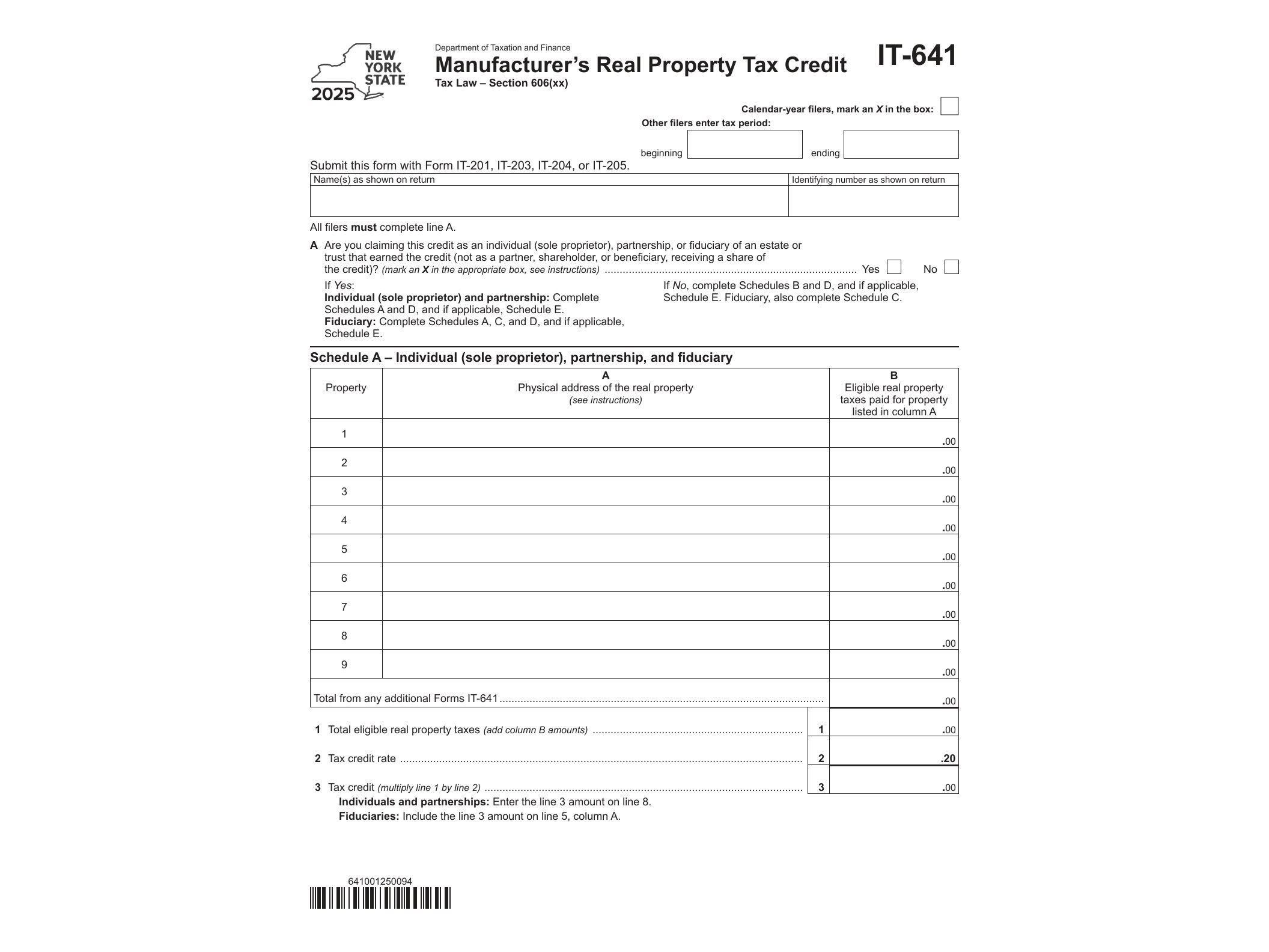 IT641 Form IT-641 Manufacturer's Real Property Tax Credit Tax Year 2025 - official form preview, page 1