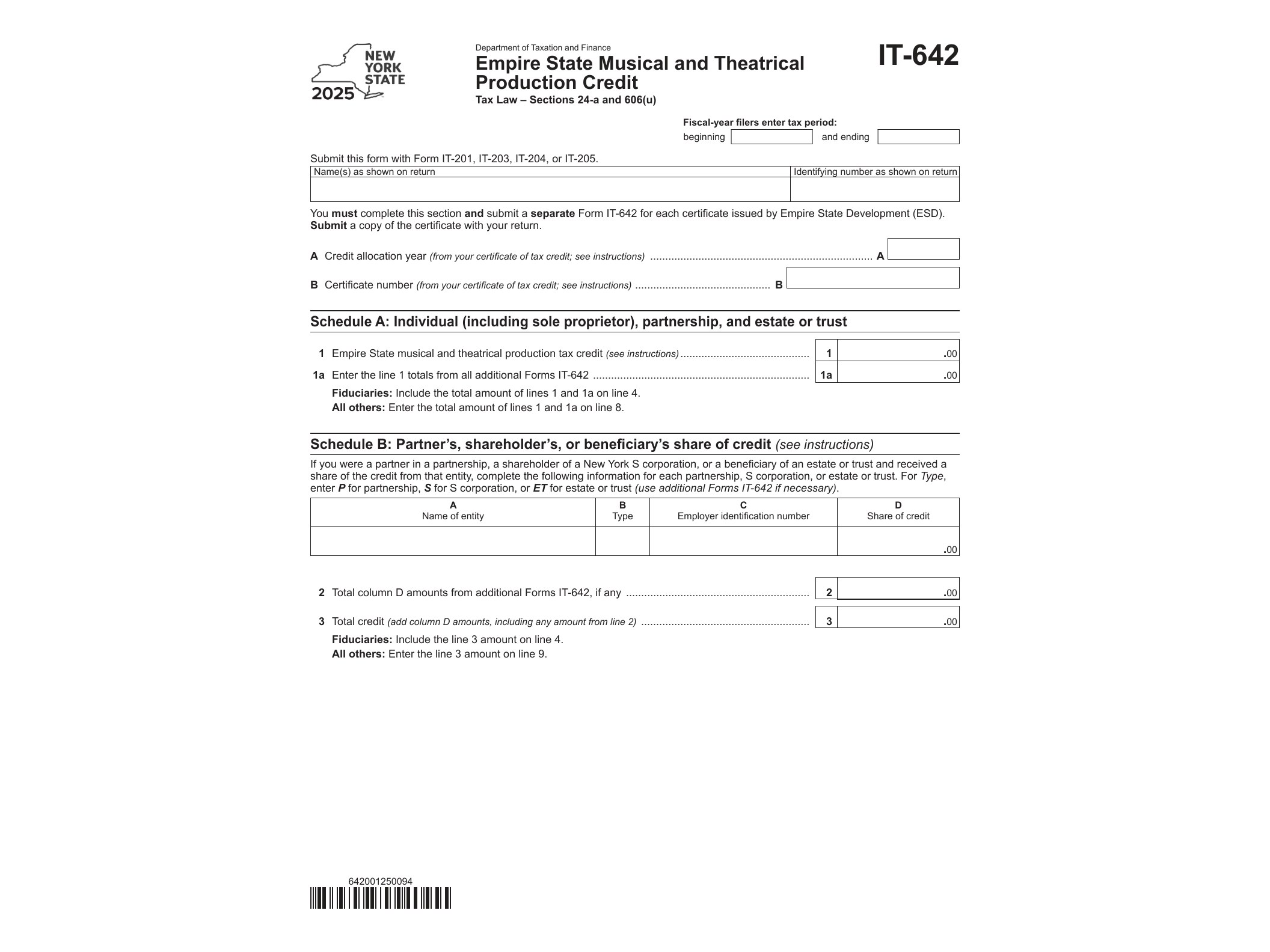 IT642 Form IT-642 Empire State Musical and Theatrical Production Credit Tax Year 2025 - official form preview, page 1