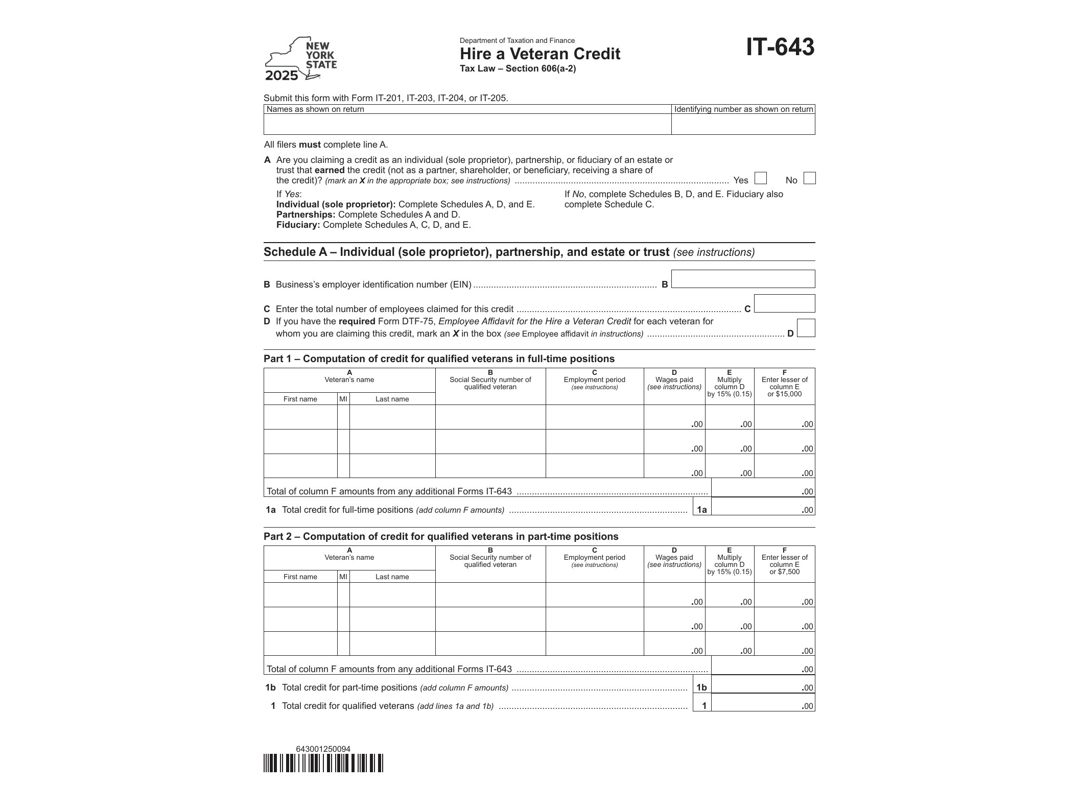 IT643 Form IT-643 Hire a Veteran Credit Tax Year 2025 - official form preview, page 1