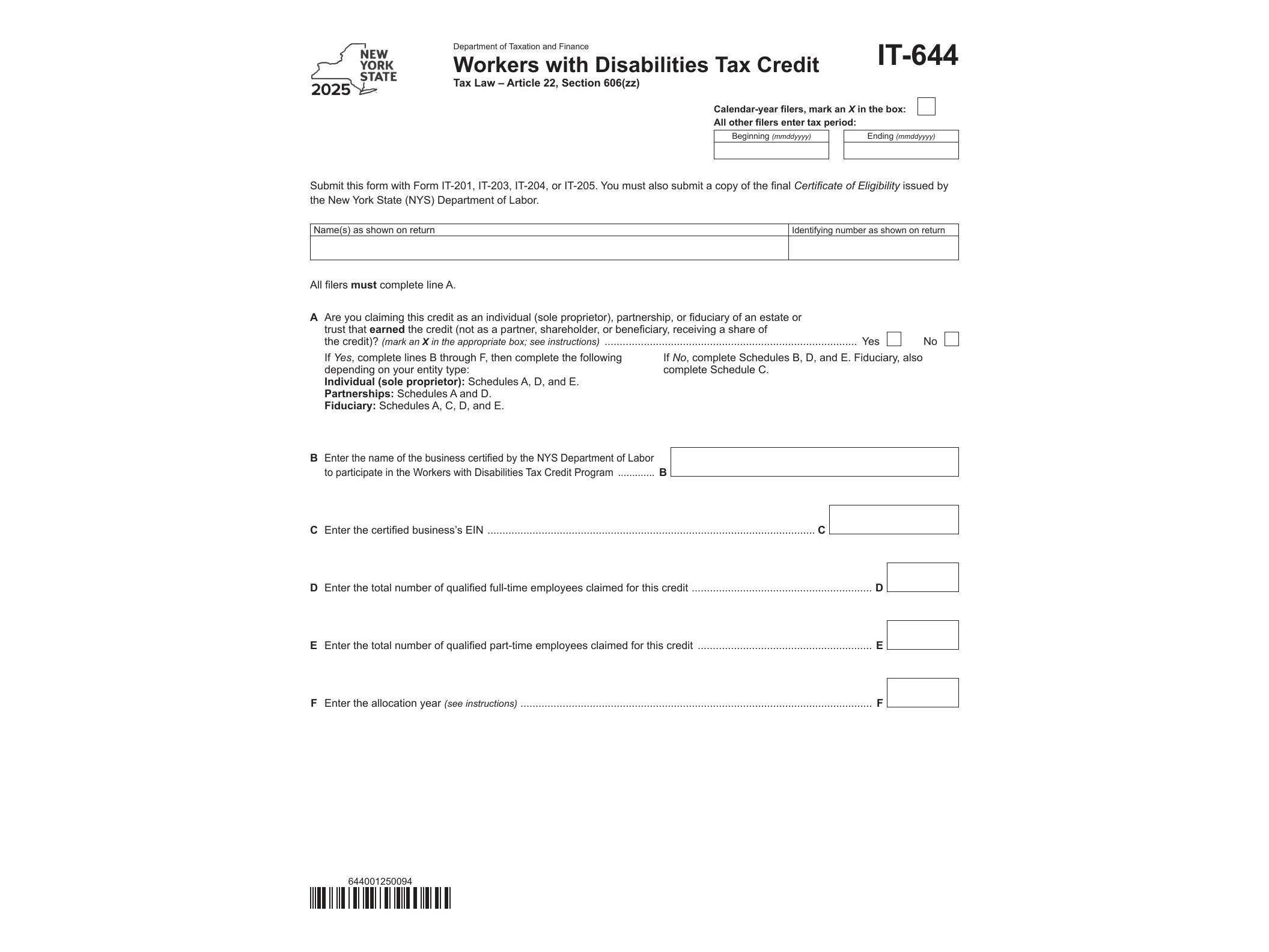IT644 Form IT-644 Workers with Disabilities Tax Credit Tax Year 2025 - official form preview, page 1