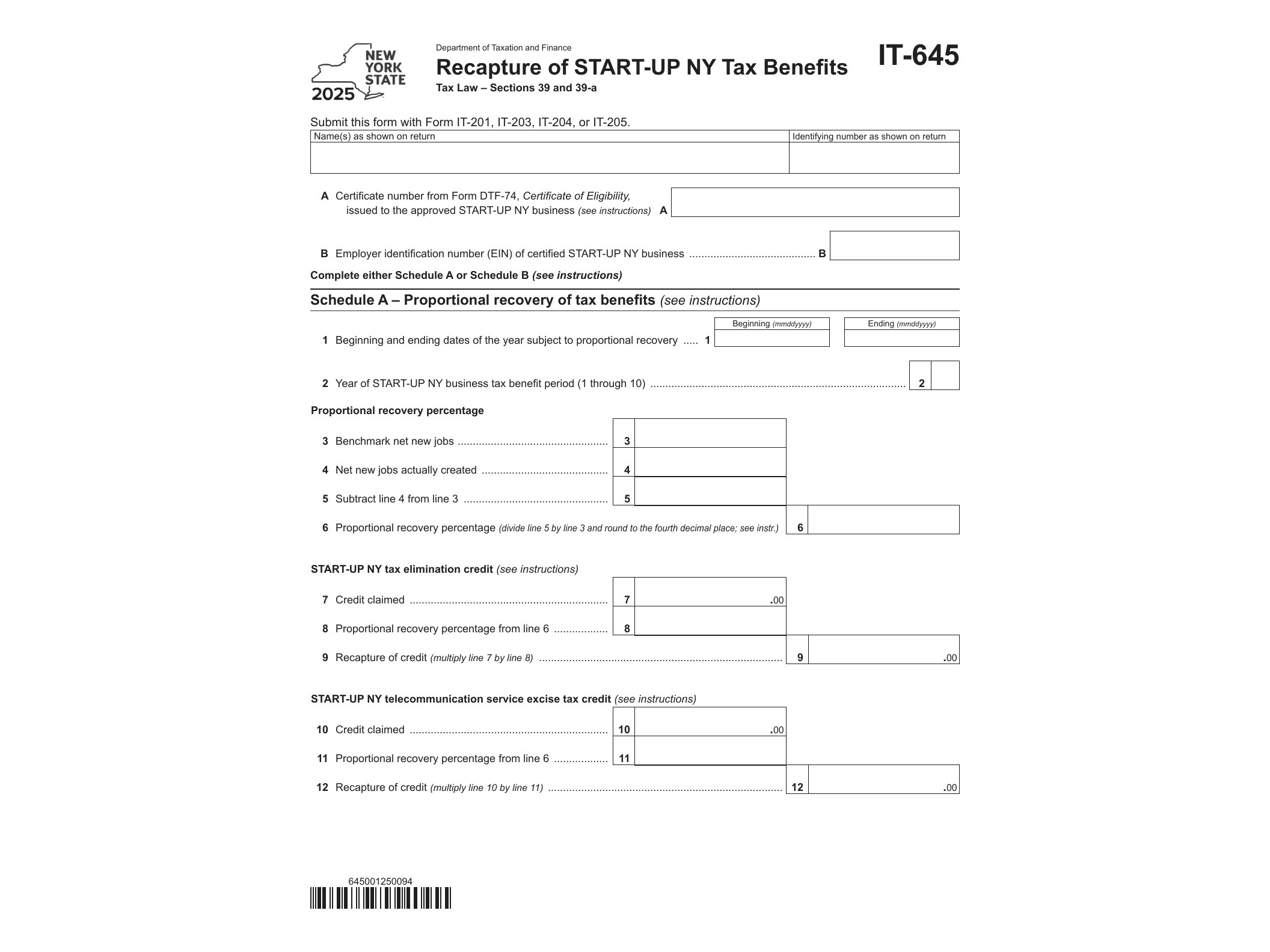 IT645 Form IT-645 Recapture of START-UP NY Tax Benefits Tax Year 2025 - official form preview, page 1