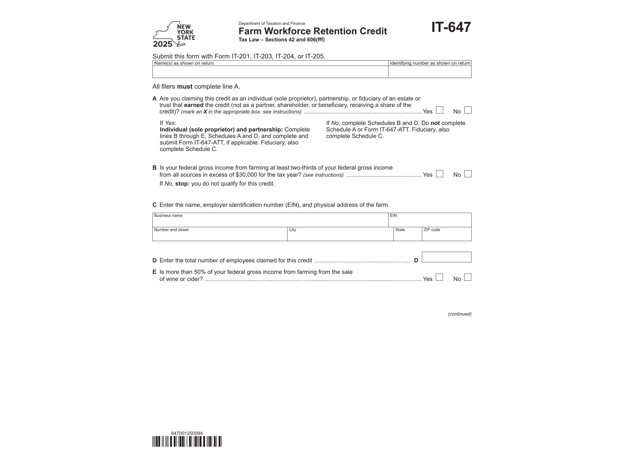IT647 Form IT-647 Farm Workforce Retention Credit Tax Year 2025 - official form preview, page 1