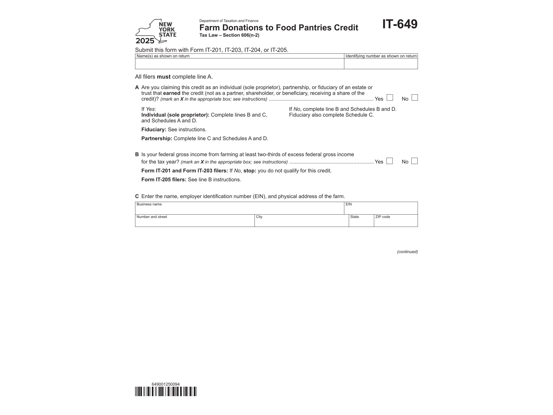 IT649 Form IT-649 Farm Donations to Food Pantries Credit Tax Year 2025 - official form preview, page 1