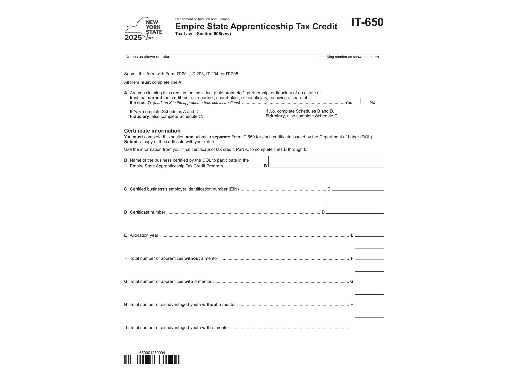 IT650 Form IT-650 Empire State Apprenticeship Tax Credit Tax Year 2025 - official form preview, page 1
