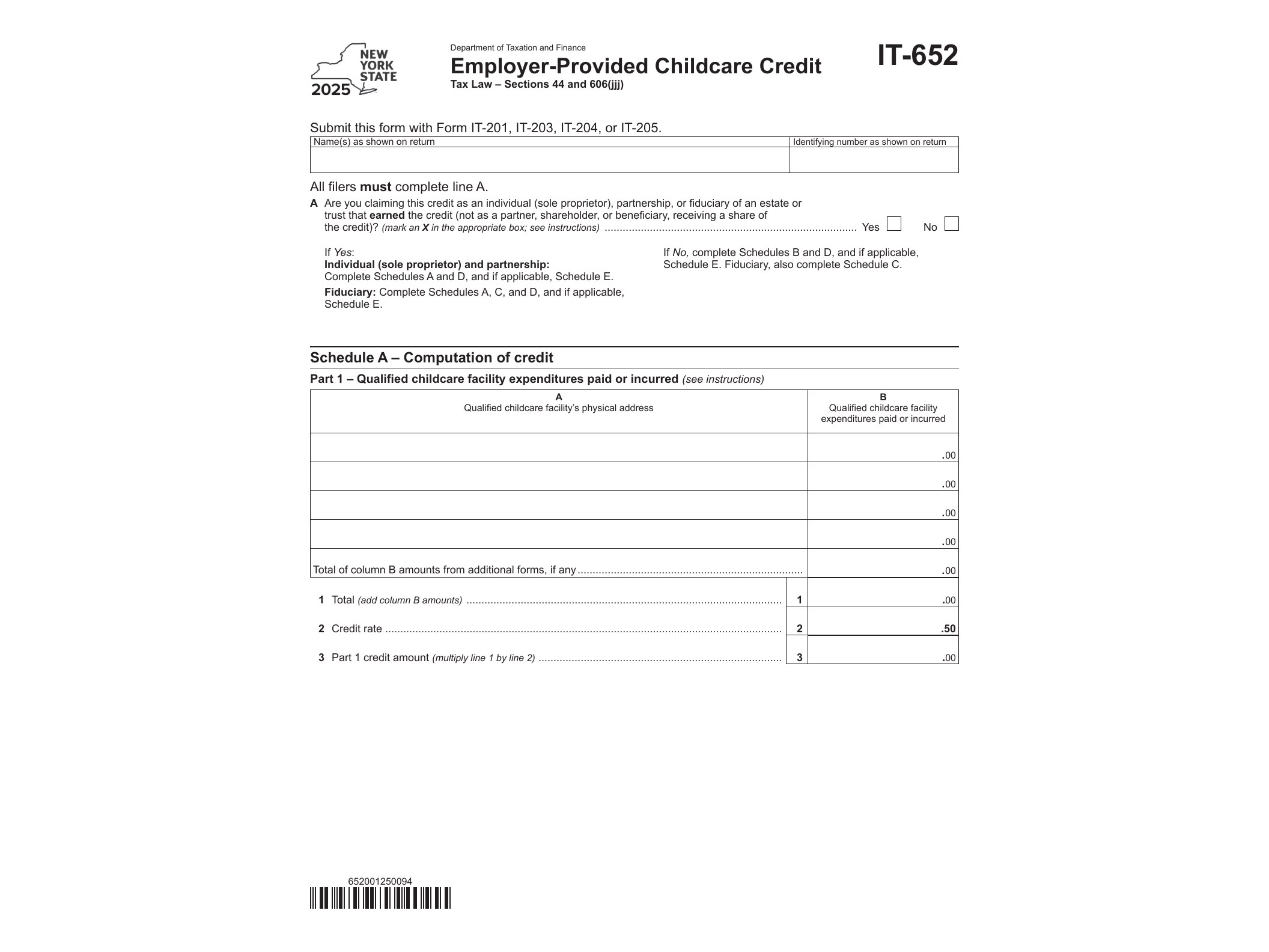 IT652 Form IT-652 Employer-Provided Childcare Credit Tax Year 2025 - official form preview, page 1