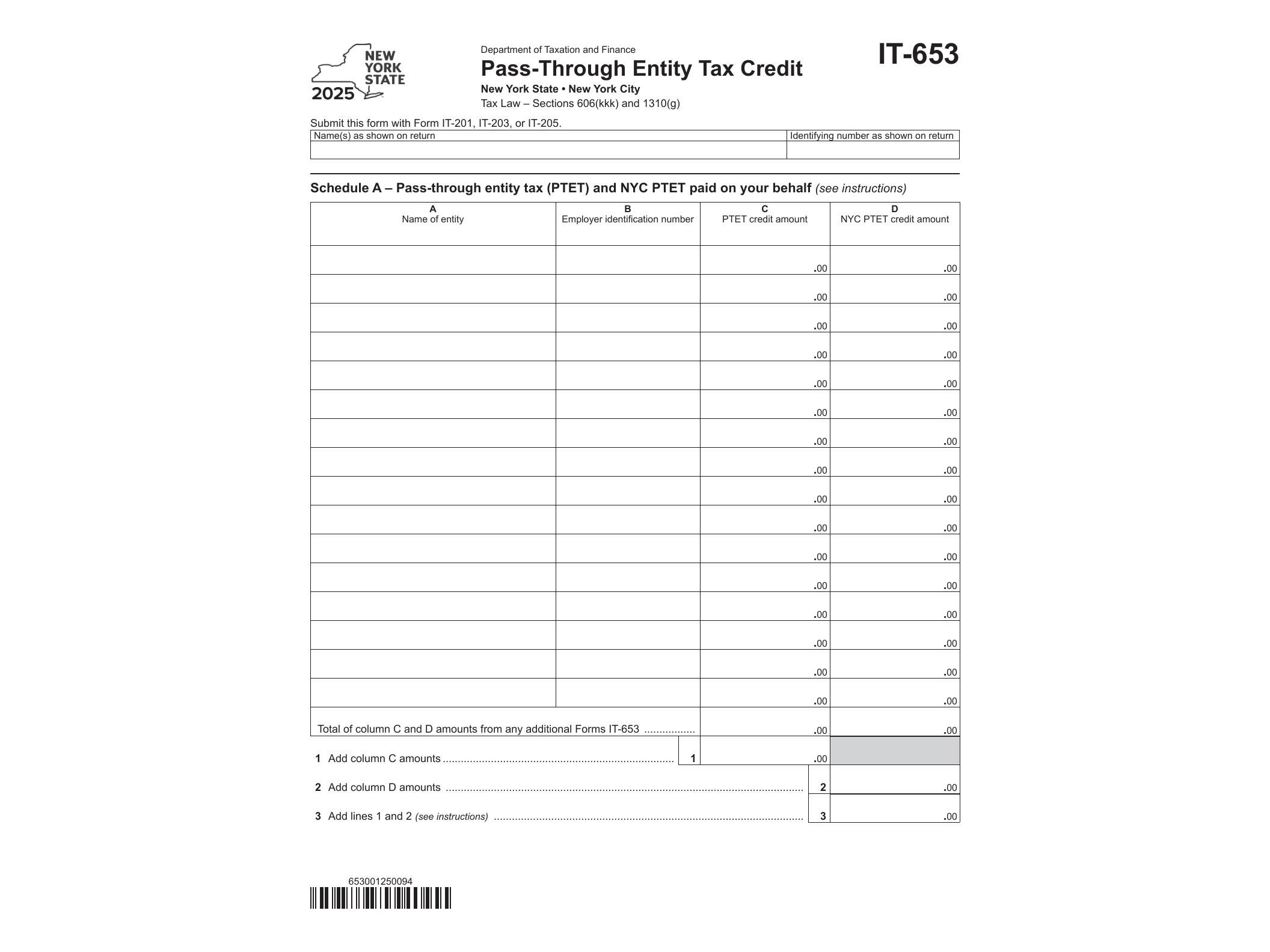 IT653 Form IT-653 Pass-Through Entity Tax Credit Tax Year 2025 - official form preview, page 1