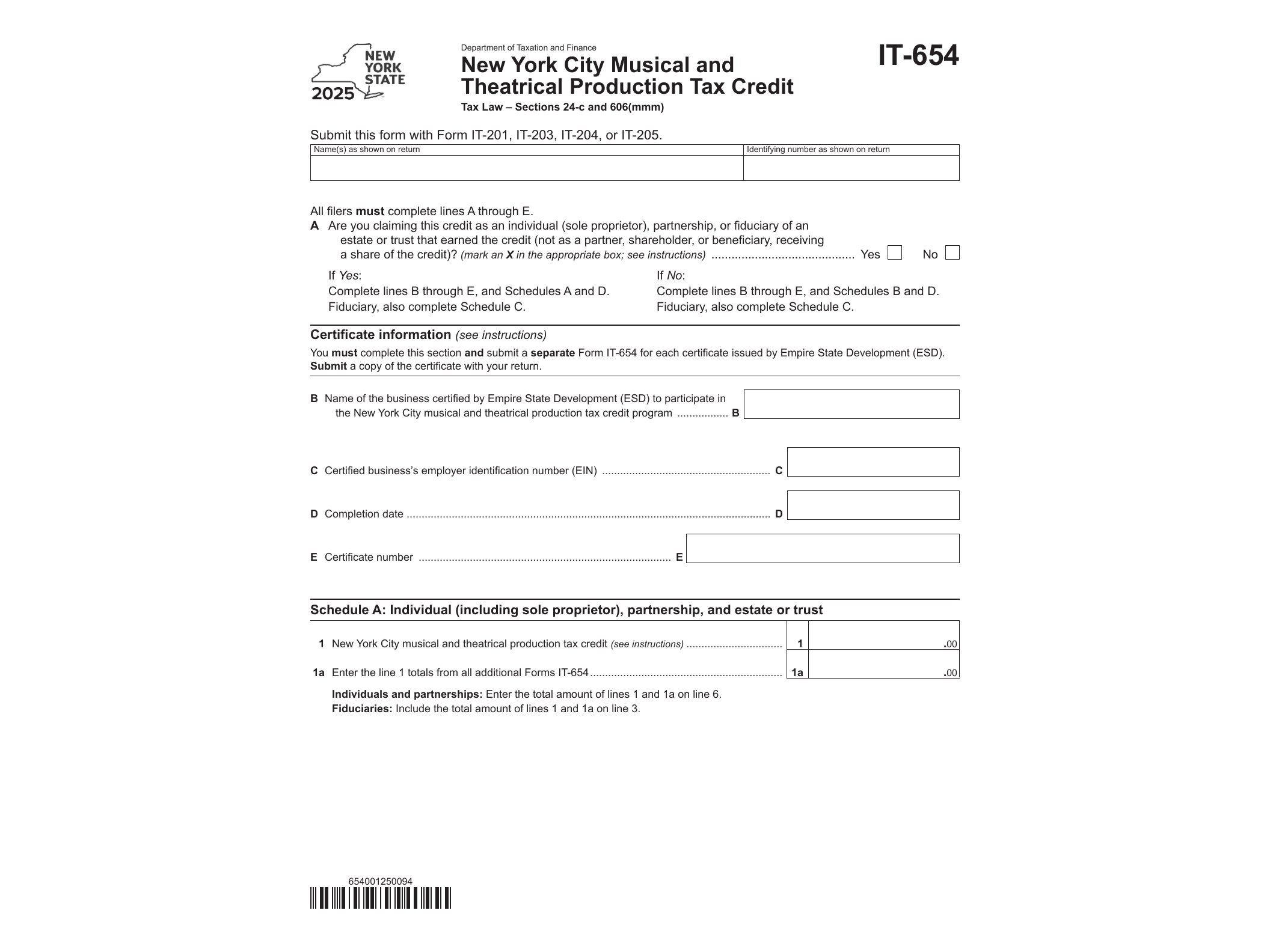 IT654 Form IT-654 New York City Musical and Theatrical Production Tax Credit Tax Year 2025 - official form preview, page 1