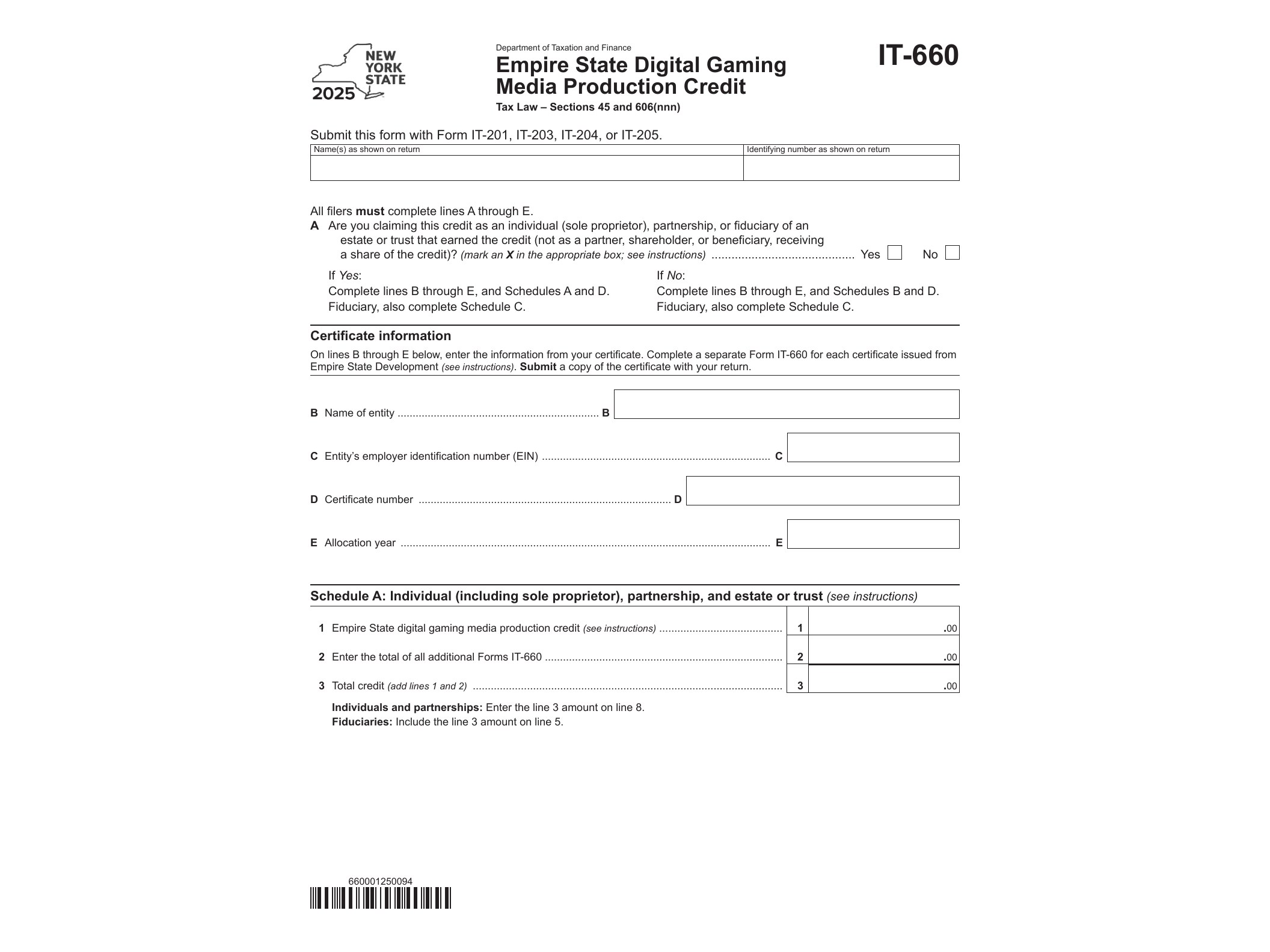 IT660 Form IT-660 Empire State Digital Gaming Media Production Credit Tax Year 2025 - official form preview, page 1