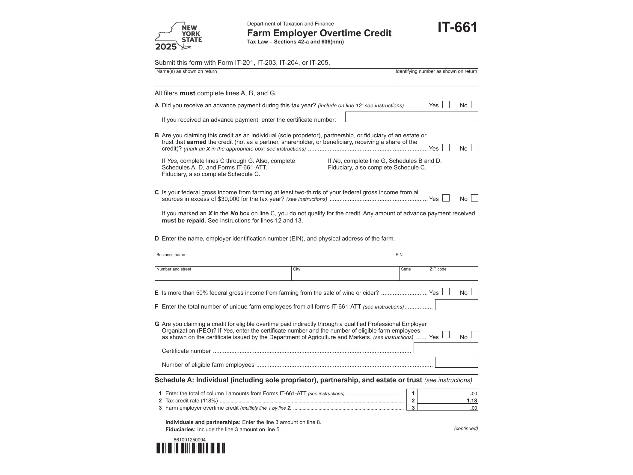 IT661 Form IT-661 Farm Employer Overtime Credit Tax Year 2025 - official form preview, page 1