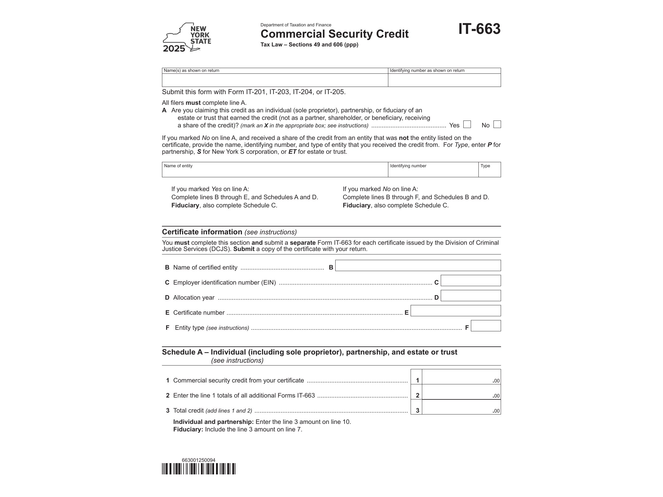 IT663 Form IT-663 Commercial Security Credit Tax Year 2025 - official form preview, page 1
