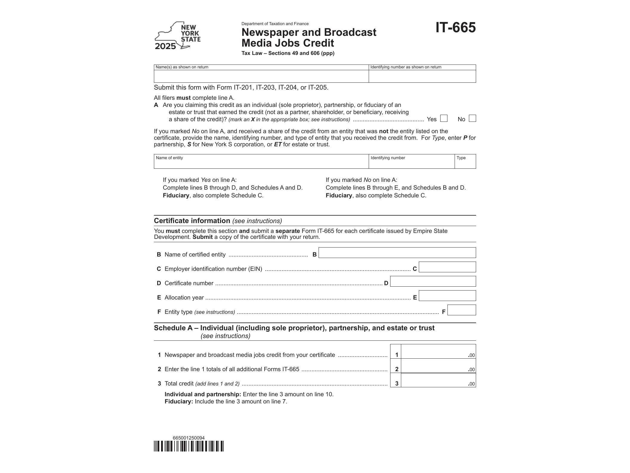 IT665 Form IT-665 Newspaper and Broadcast Media Jobs Credit Tax Year 2025 - official form preview, page 1