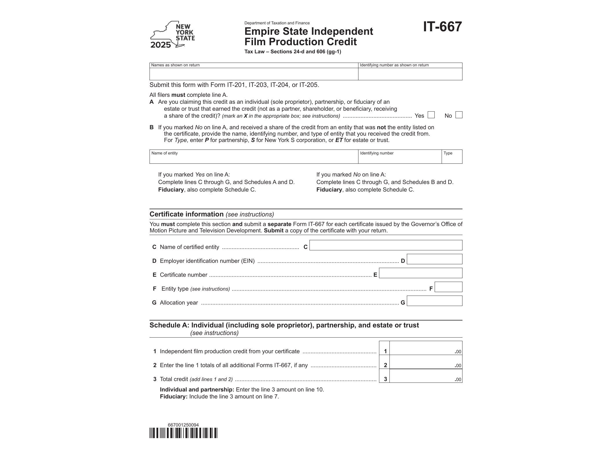 IT667 Form IT-667 Empire State Independent Film Production Credit Tax Year 2025 - official form preview, page 1