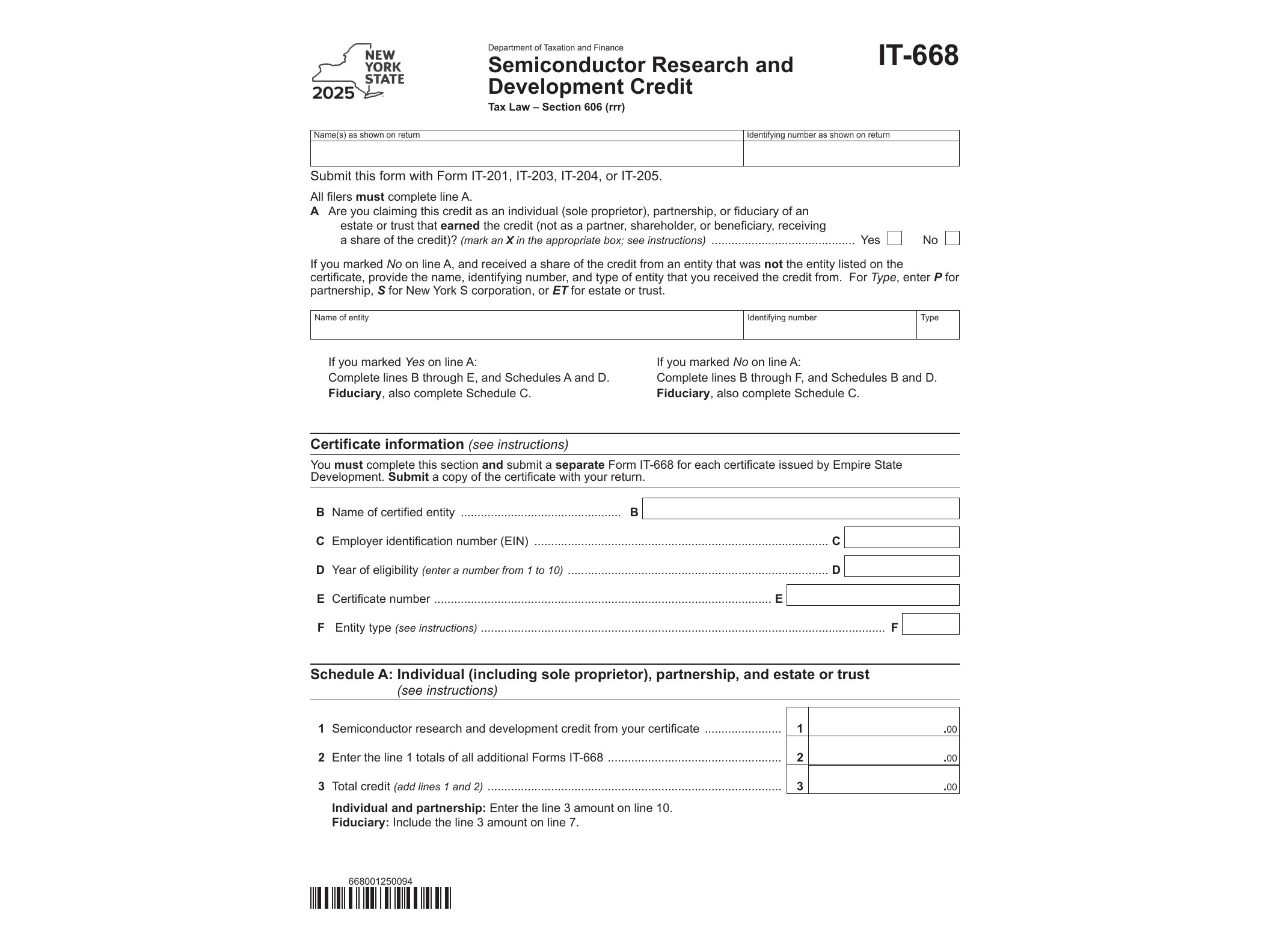 IT668 Form IT-668 Semiconductor Research and Development Credit Tax Year 2025 - official form preview, page 1