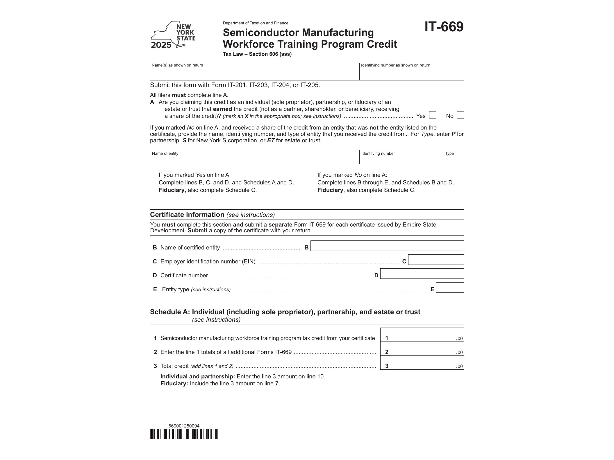 IT669 Form IT-669 Semiconductor Manufacturing Workforce Training Program Credit Tax Year 2025 - official form preview, page 1
