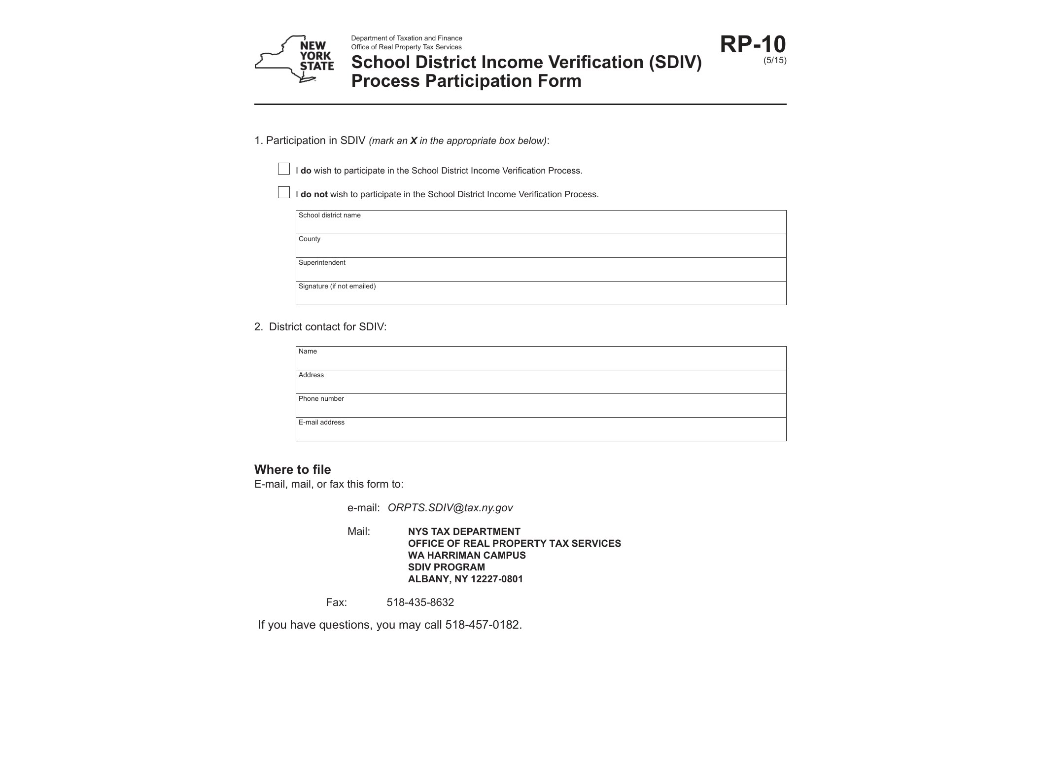 RP10 Form RP-10:5/15:School District Income Verification (SDIV) Process Participation Form:rp10 - official form preview, page 1